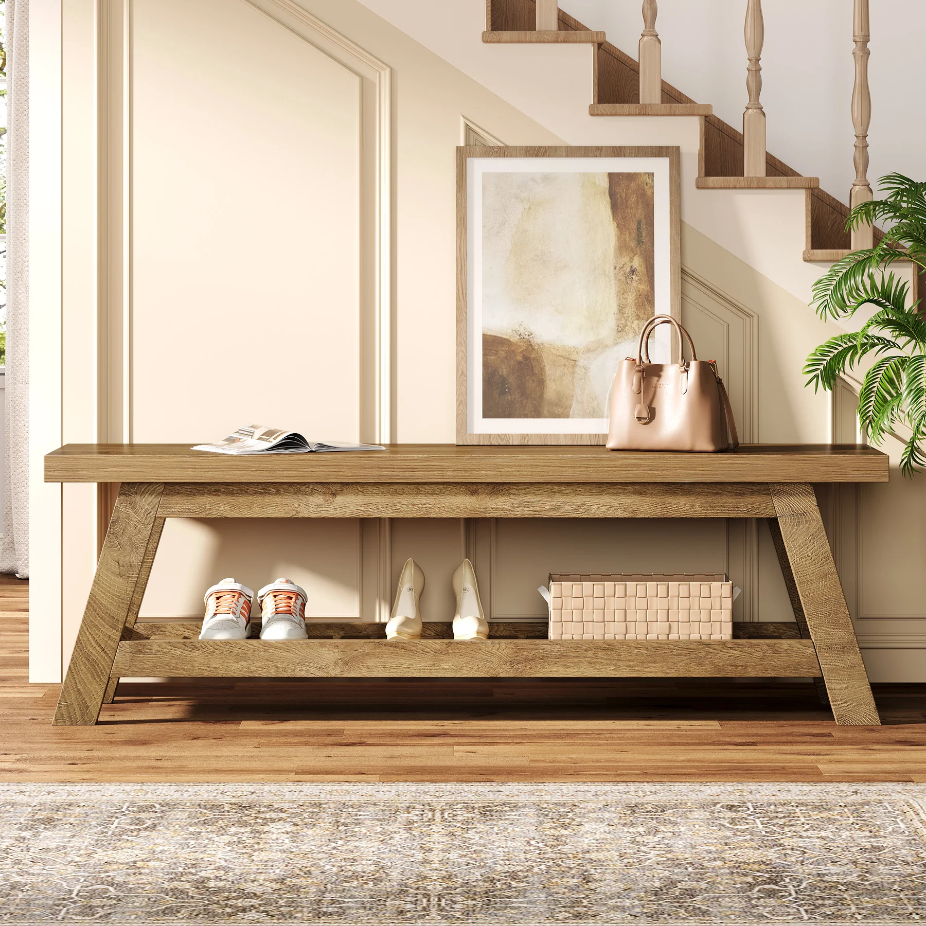 55-Inch Wood Entryway Bench with Shoe Storage, Two-Tier Narrow Hallway Seating Bench for Foyer and Bedroom - Image 8