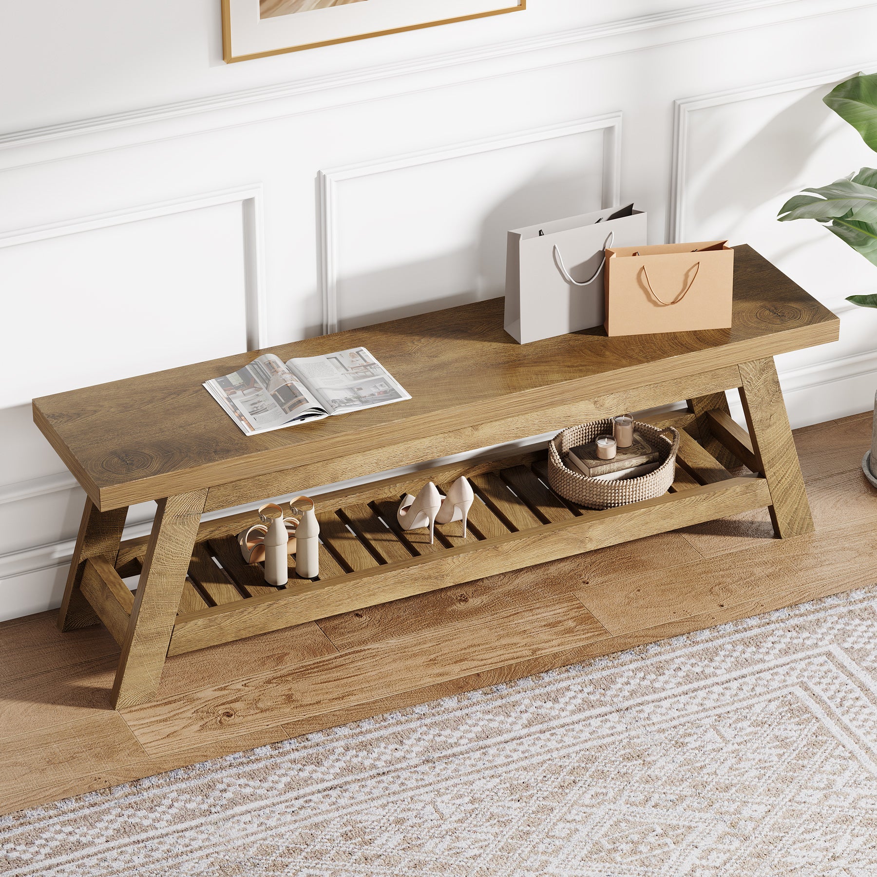 55-Inch Wood Entryway Bench with Shoe Storage, Two-Tier Narrow Hallway Seating Bench for Foyer and Bedroom - Image 9