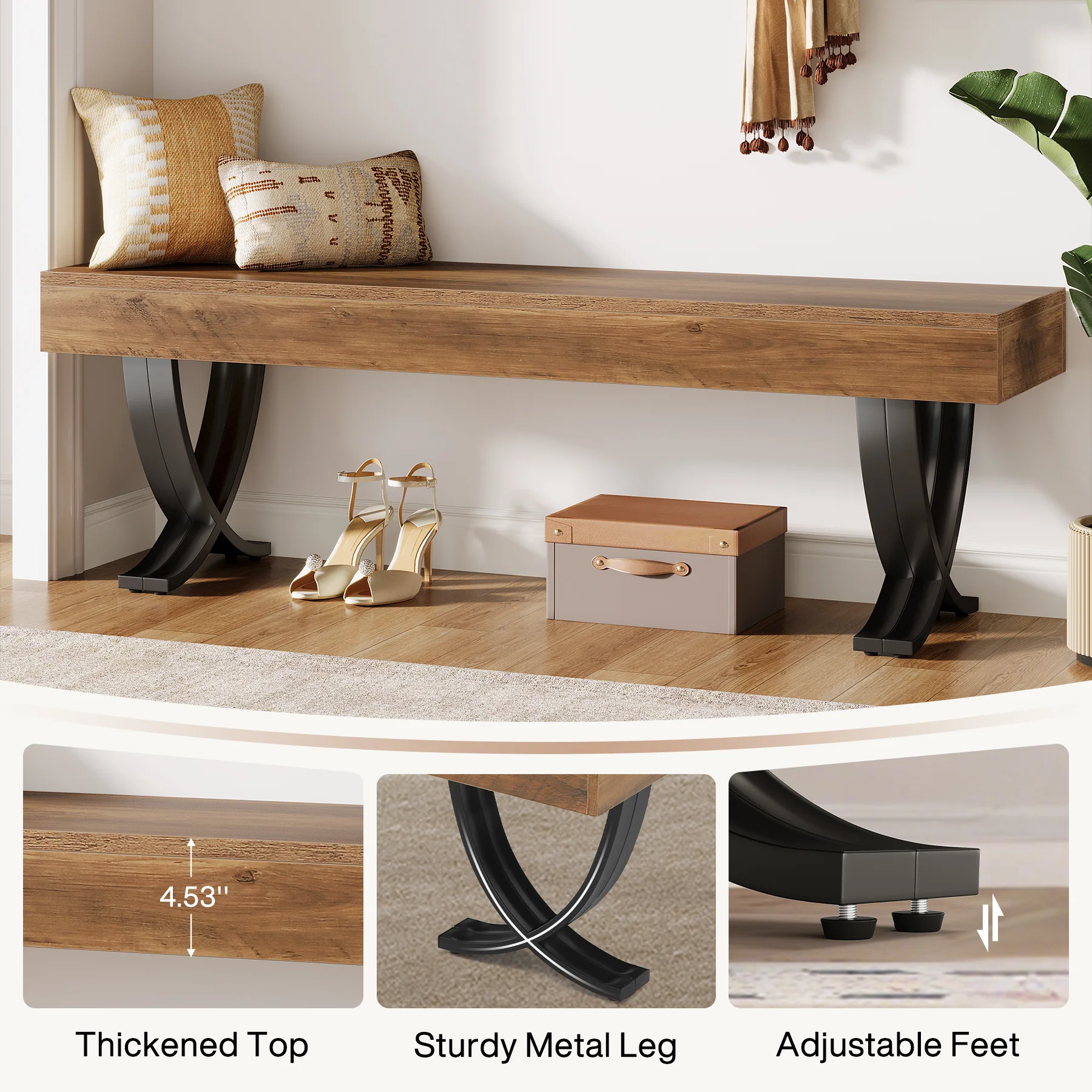 Tribesigns 55" Shoe Bench, Industrial Bench with Metal X-Legs for Hallway - Image 4