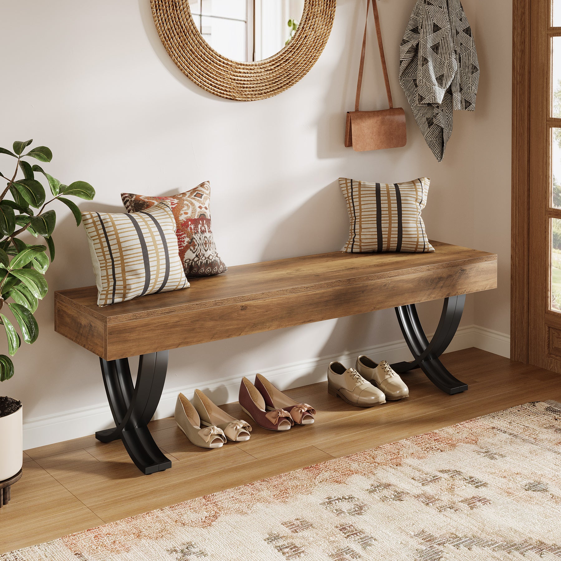 Tribesigns 55" Shoe Bench, Industrial Bench with Metal X-Legs for Hallway - Image 5