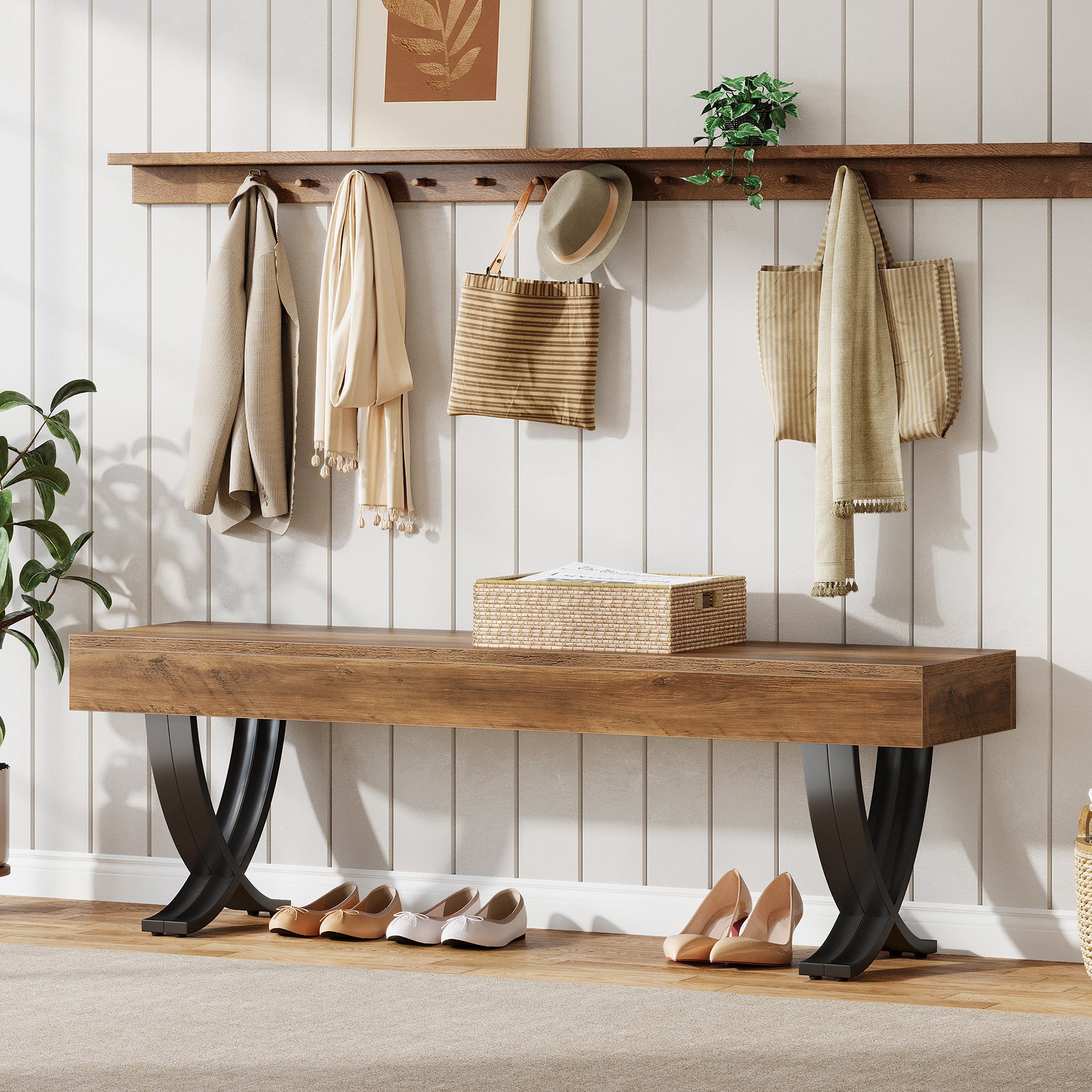 Tribesigns 55" Shoe Bench, Industrial Bench with Metal X-Legs for Hallway - Image 9