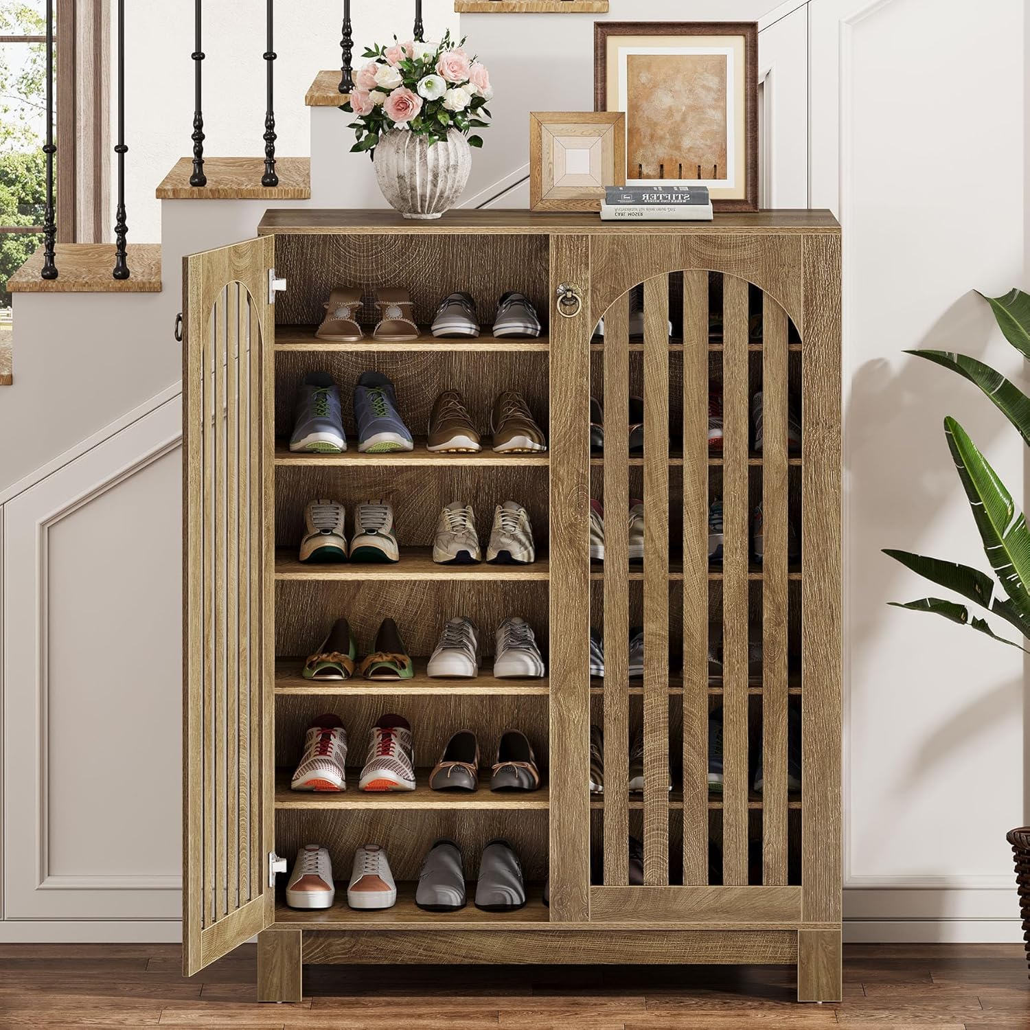 Tribesigns Shoe Cabinet with Airy Doors, 6-Tier Entryway Shoe Storage Rack Organizer with Adjustable Shelves for Living Room - Image 4