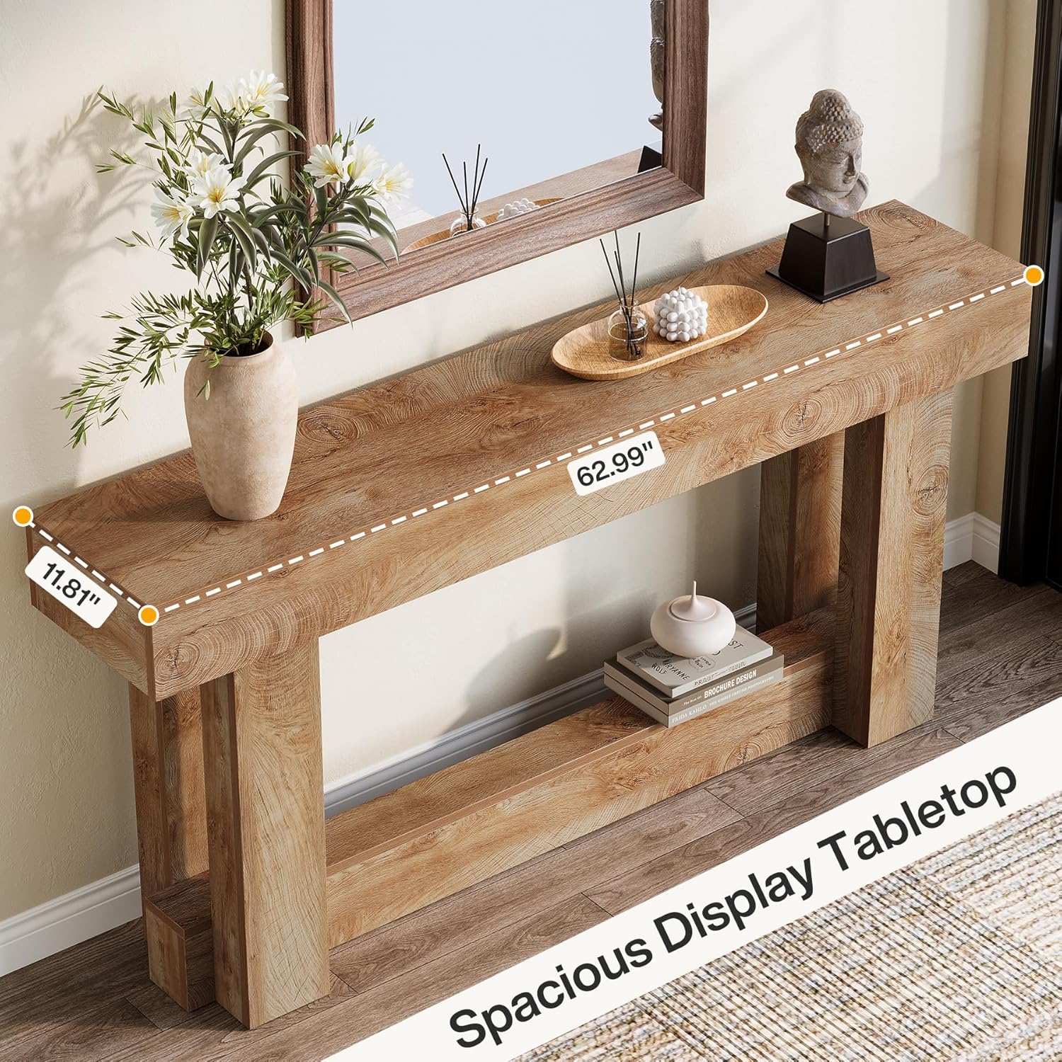 62.99 Inch Wood Console Table, 2-Tier Narrow Long Farmhouse Entryway Table - Image 8