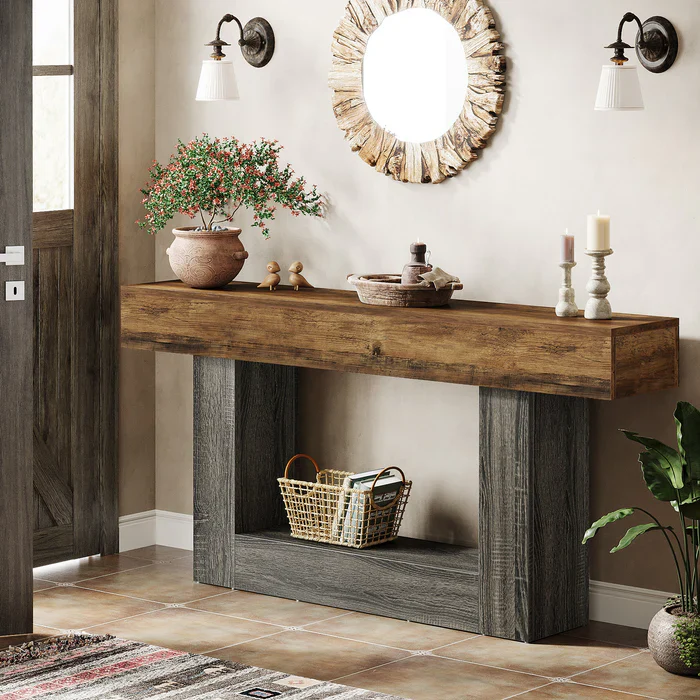 63" Distressed Wood Console Table, 2-Tier Sofa & Entry Table - Image 4