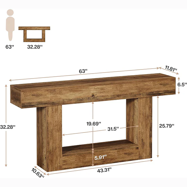 63" Distressed Wood Console Table, 2-Tier Sofa & Entry Table - Image 9