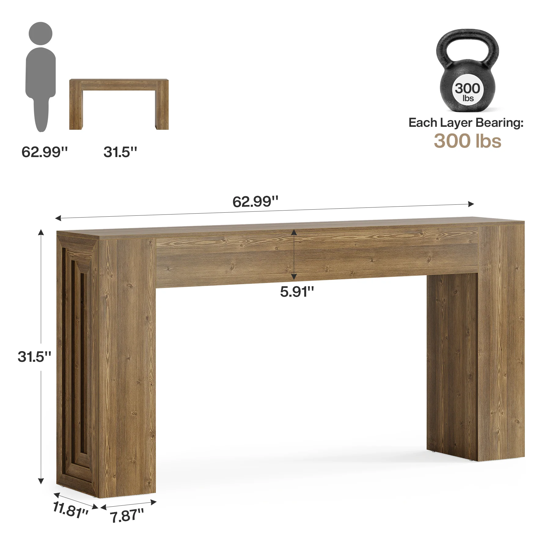 63" Farmhouse Console Table, Narrow Sofa Table with Natural Brown Finish for Entryway - Image 2
