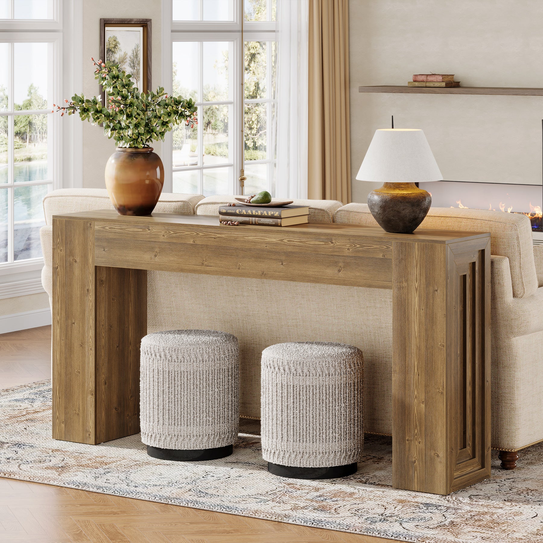 63" Farmhouse Console Table, Narrow Sofa Table with Natural Brown Finish for Entryway - Image 3