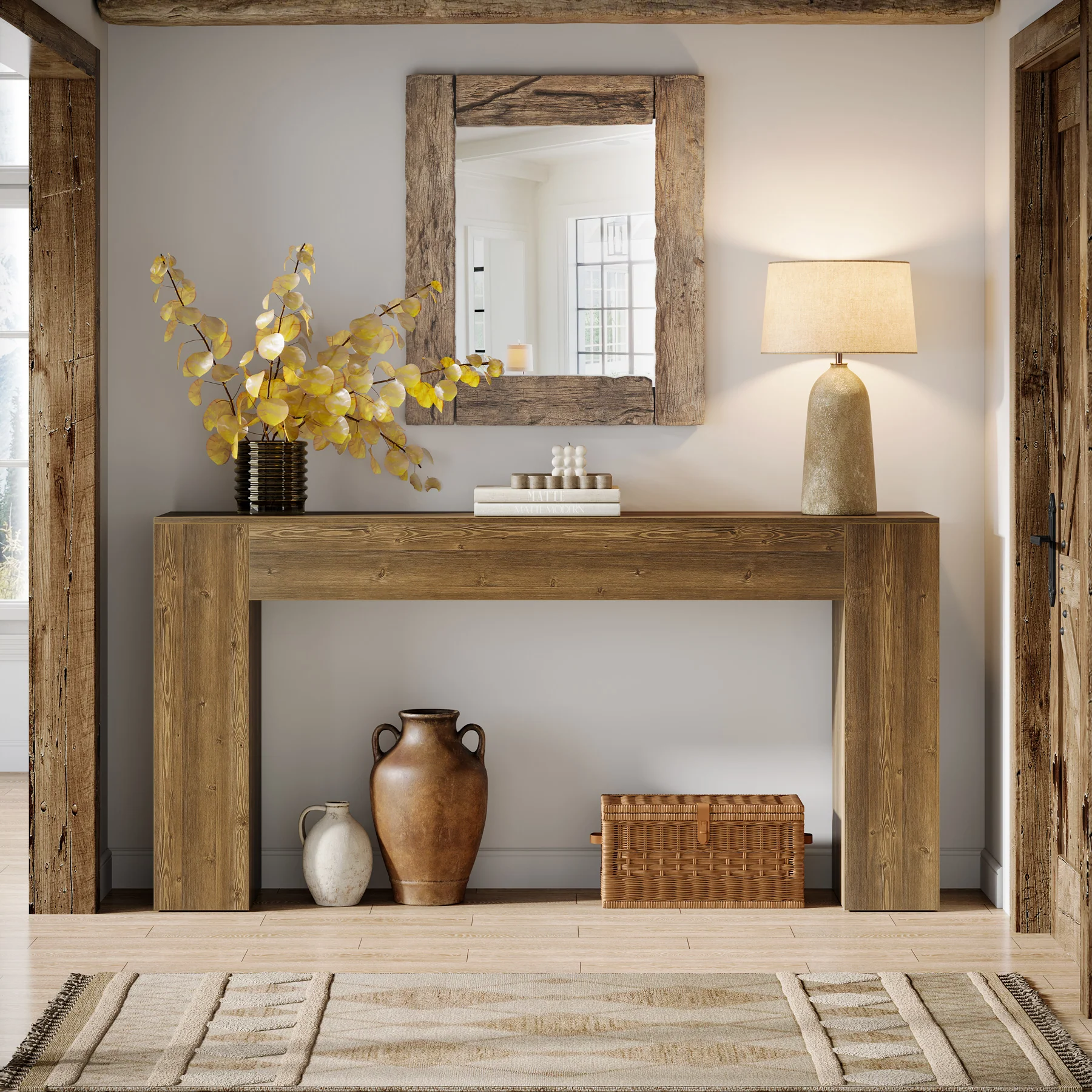63" Farmhouse Console Table, Narrow Sofa Table with Natural Brown Finish for Entryway - Image 4