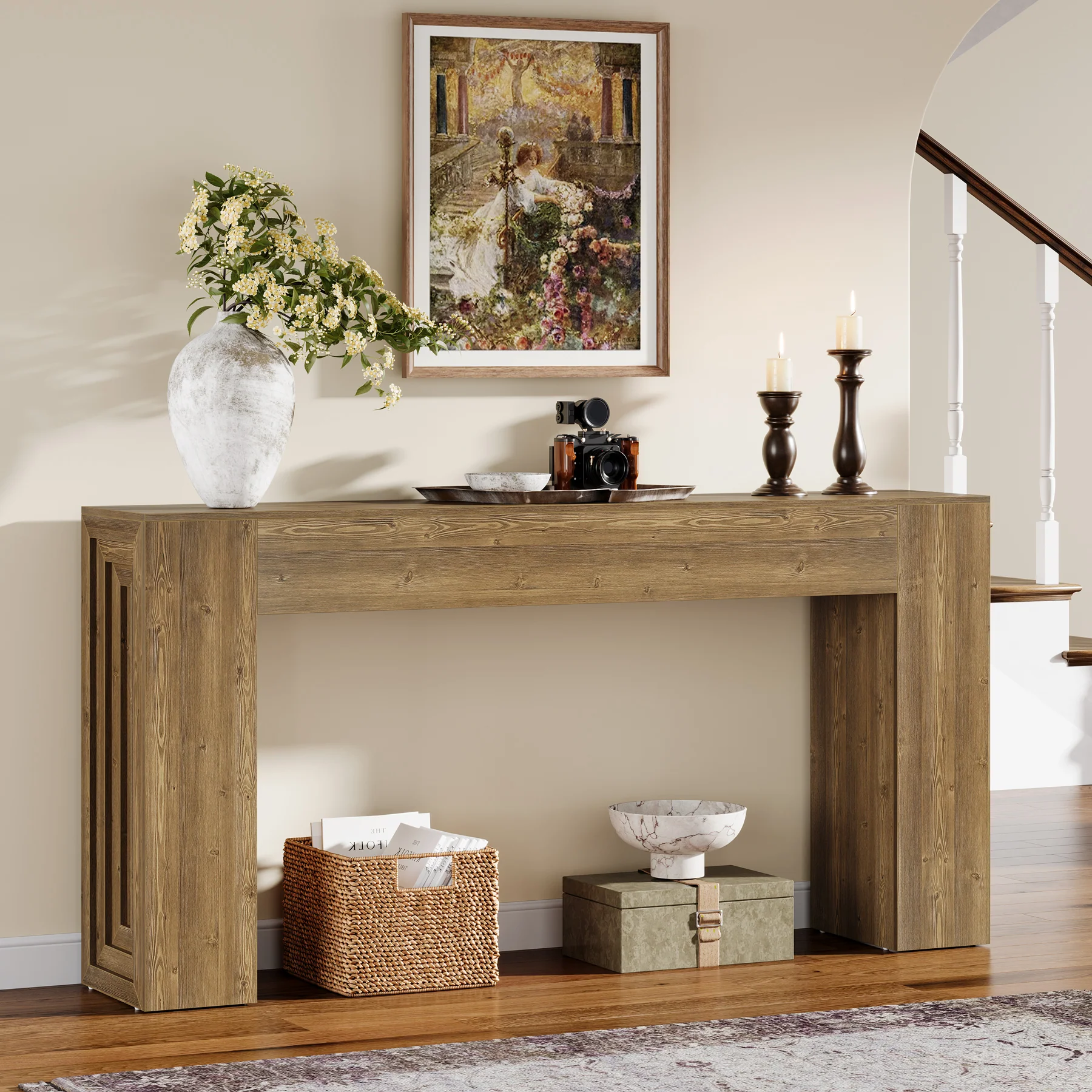 63" Farmhouse Console Table, Narrow Sofa Table with Natural Brown Finish for Entryway - Image 5