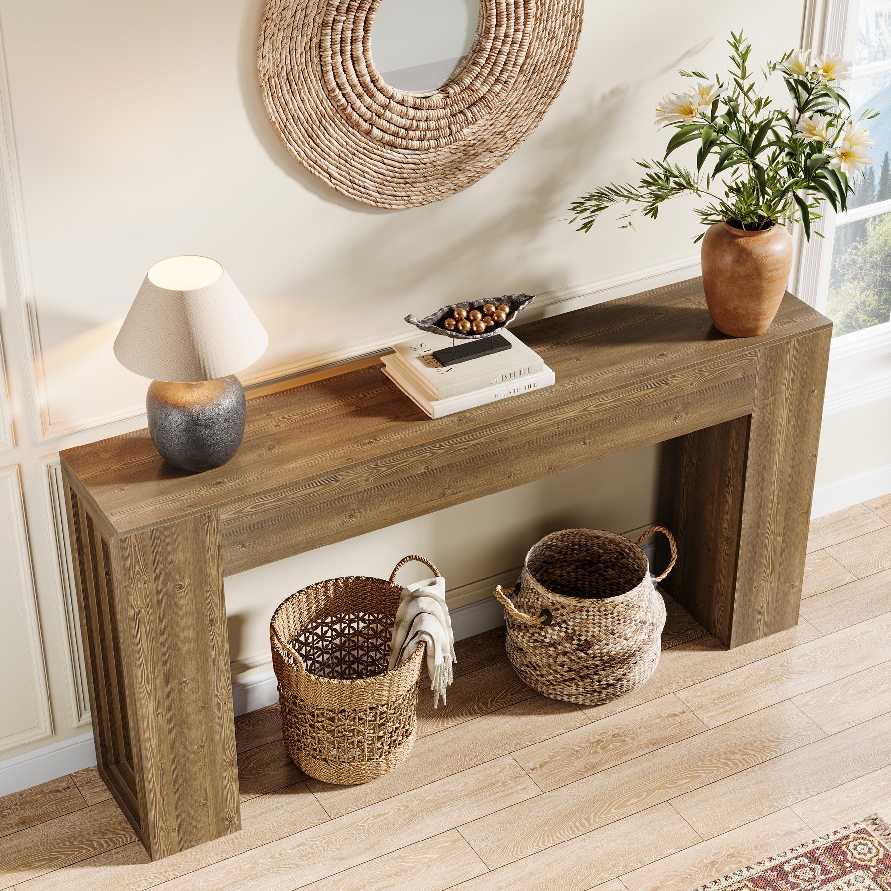 63" Farmhouse Console Table, Narrow Sofa Table with Natural Brown Finish for Entryway - Image 6
