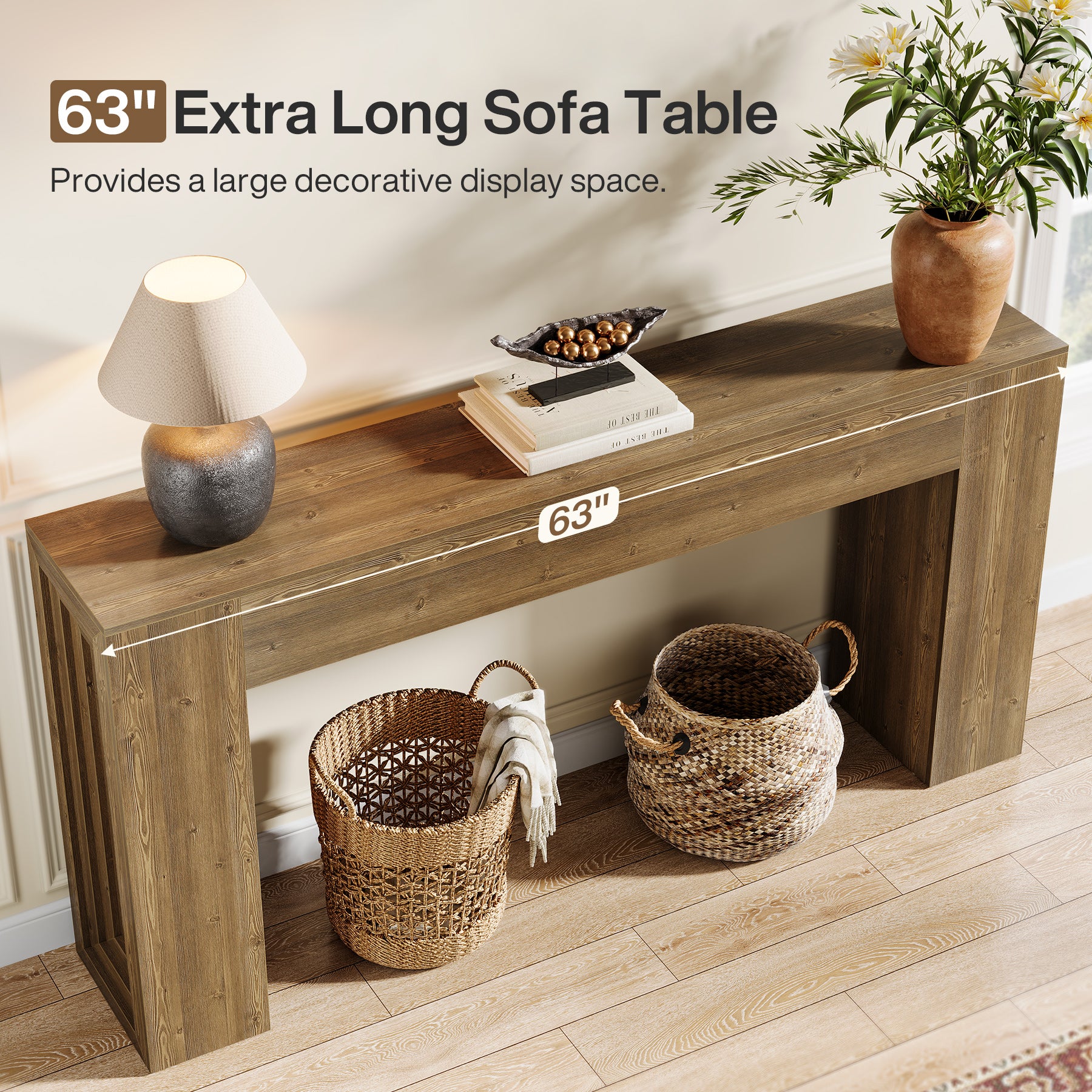 63" Farmhouse Console Table, Narrow Sofa Table with Natural Brown Finish for Entryway - Image 7