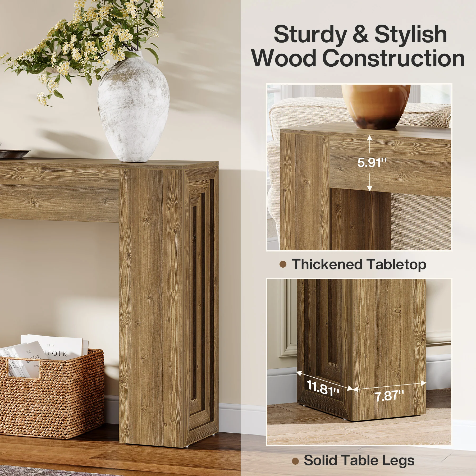 63" Farmhouse Console Table, Narrow Sofa Table with Natural Brown Finish for Entryway - Image 8