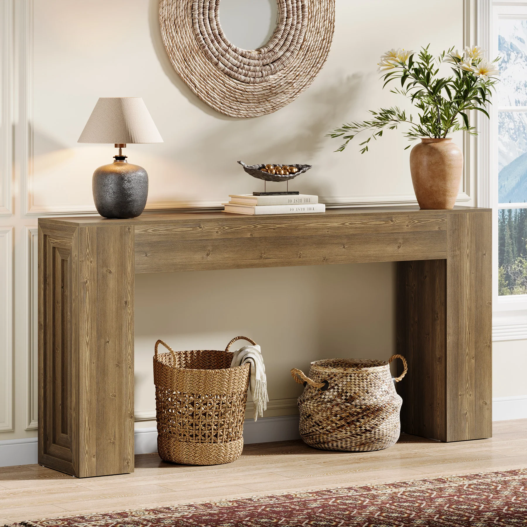 63" Farmhouse Console Table, Narrow Sofa Table with Natural Brown Finish for Entryway - Image 9