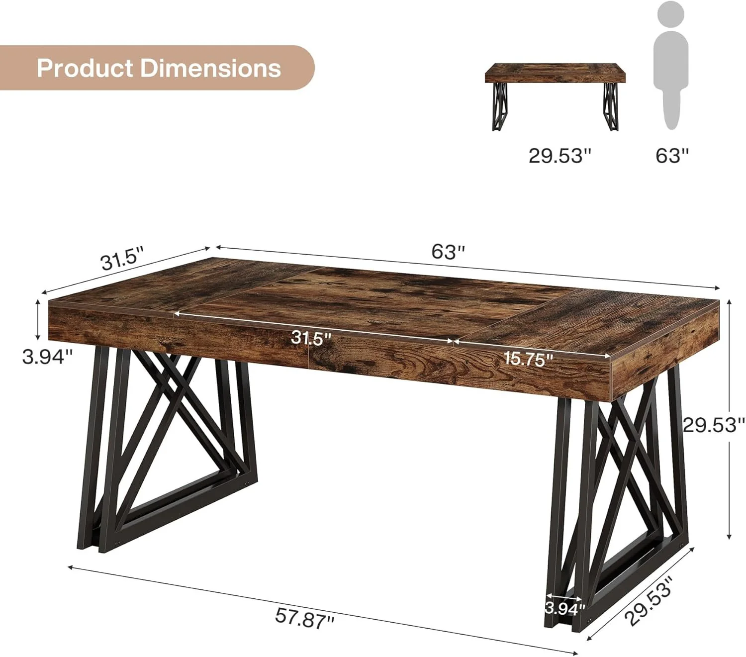 63" Rustic Executive Desk - Farmhouse Office Computer Desk with X-Legs, Brown & Black - Image 3