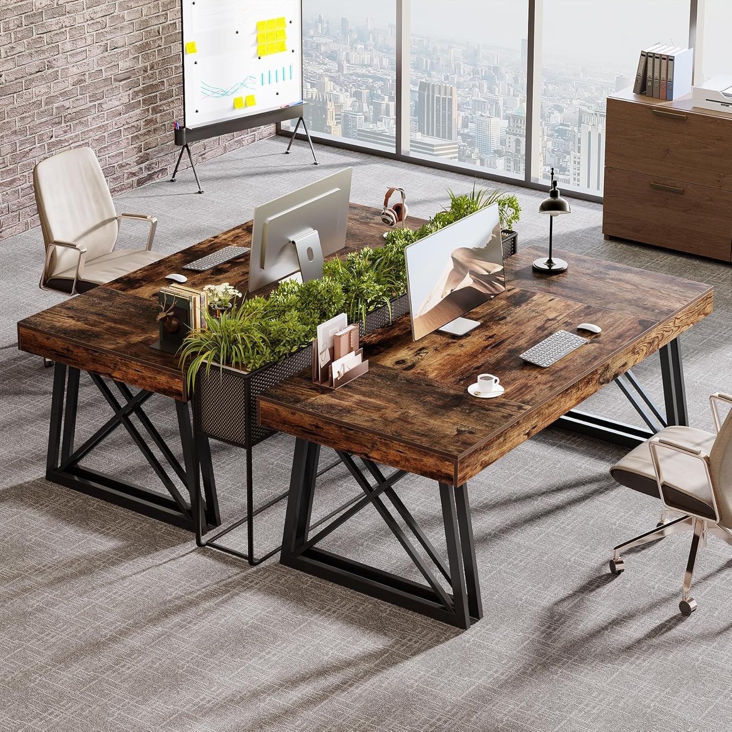 63" Rustic Executive Desk - Farmhouse Office Computer Desk with X-Legs, Brown & Black - Image 4