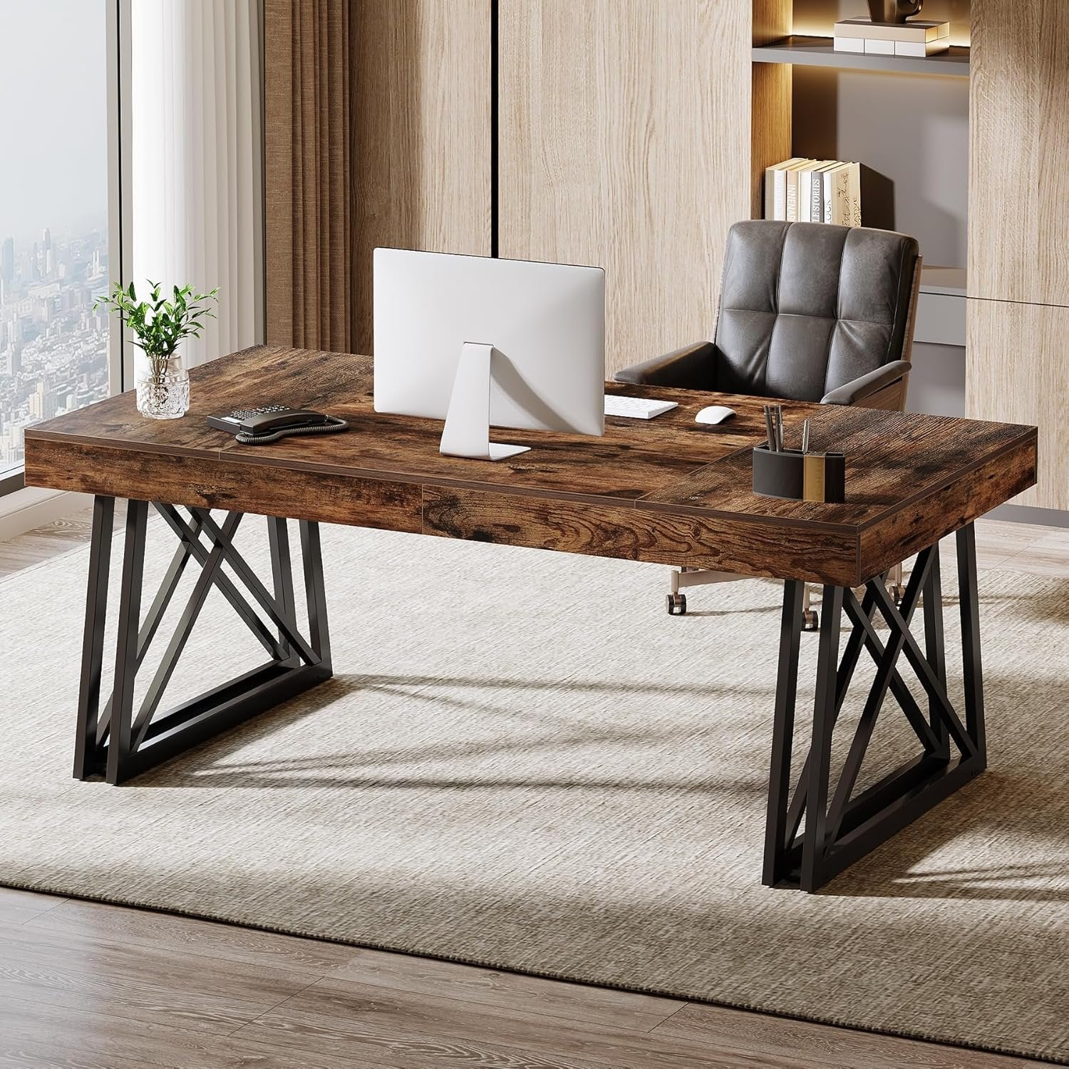 63" Rustic Executive Desk - Farmhouse Office Computer Desk with X-Legs, Brown & Black - Image 7