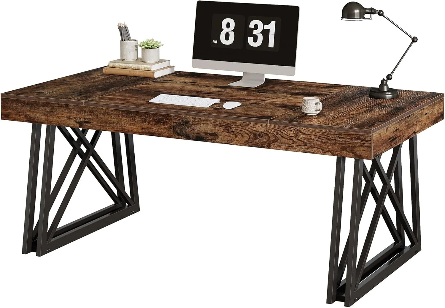 63" Rustic Executive Desk - Farmhouse Office Computer Desk with X-Legs, Brown & Black - Image 9