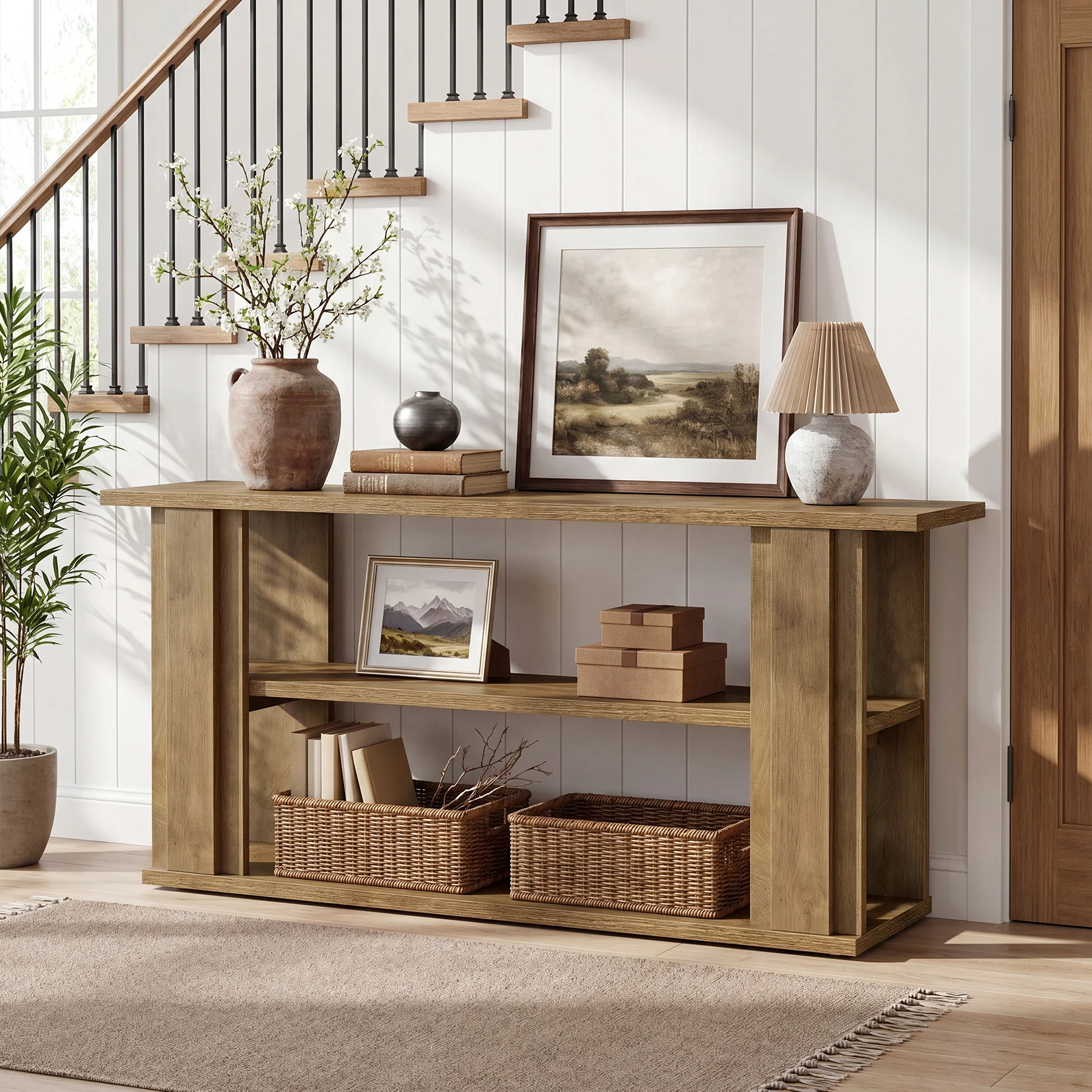 Tribesigns 63-Inch Farmhouse Console Table with 3-Tier Storage Shelves and Wide Panel Supports, Narrow Sofa Table for Living Room Hallway and Foyer - Image 14