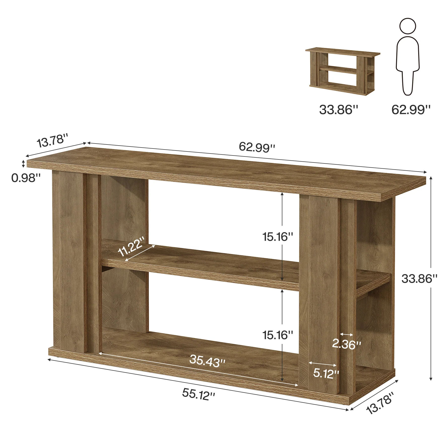 Tribesigns 63-Inch Farmhouse Console Table with 3-Tier Storage Shelves and Wide Panel Supports, Narrow Sofa Table for Living Room Hallway and Foyer - Image 2