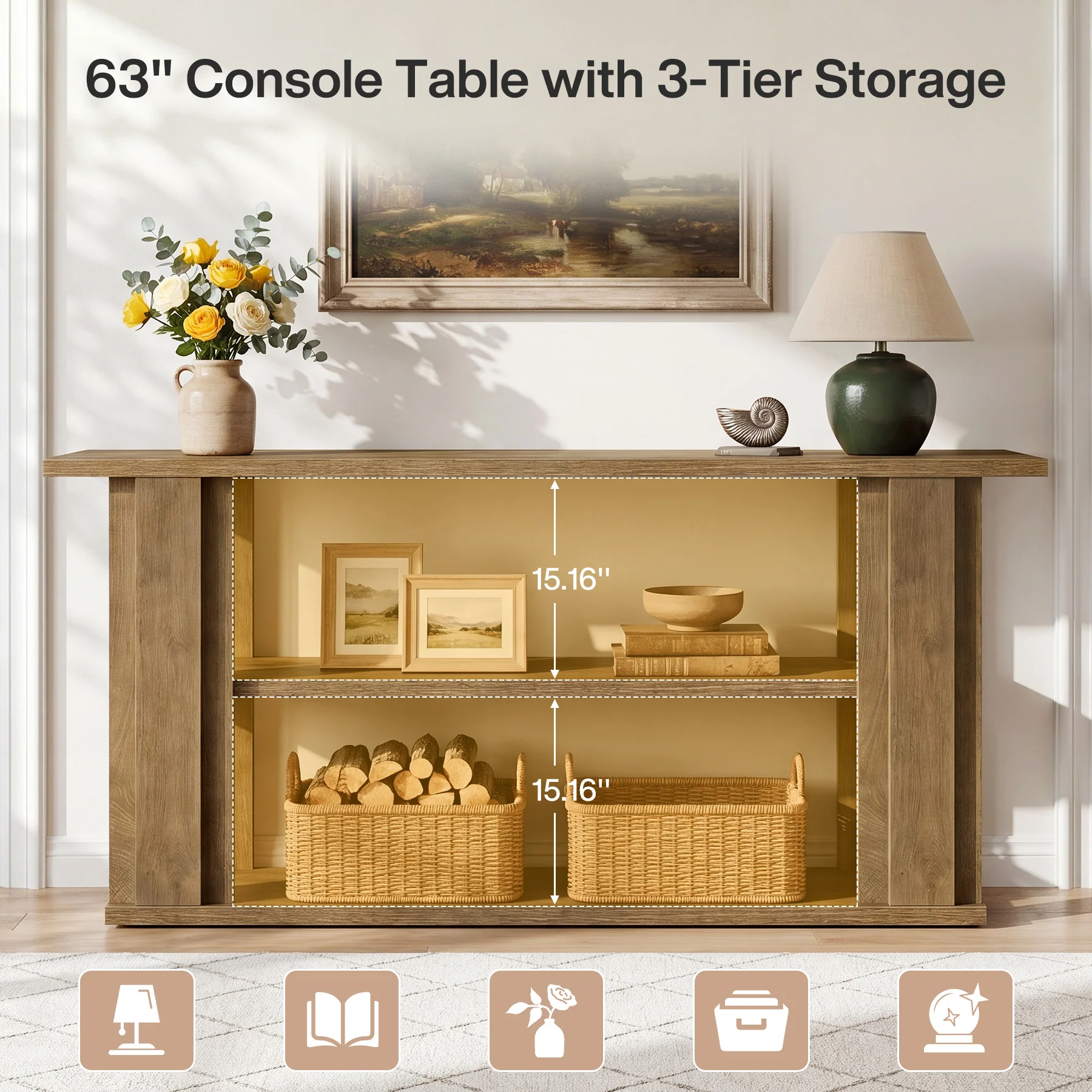 Tribesigns 63-Inch Farmhouse Console Table with 3-Tier Storage Shelves and Wide Panel Supports, Narrow Sofa Table for Living Room Hallway and Foyer - Image 3
