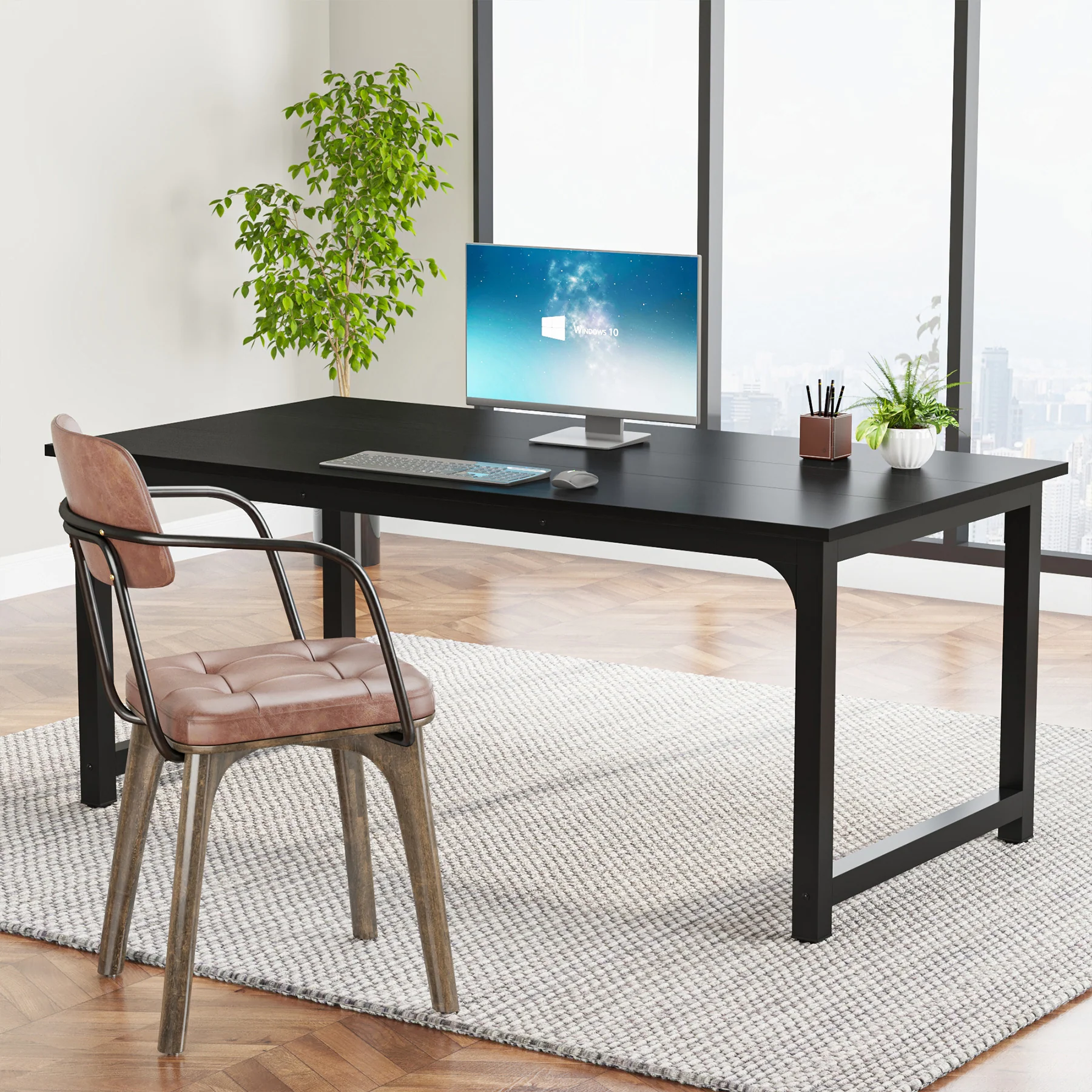 63 x 31.5 Inch Modern Large Desk, Office Writing Workstation in Rustic and Black - Image 10