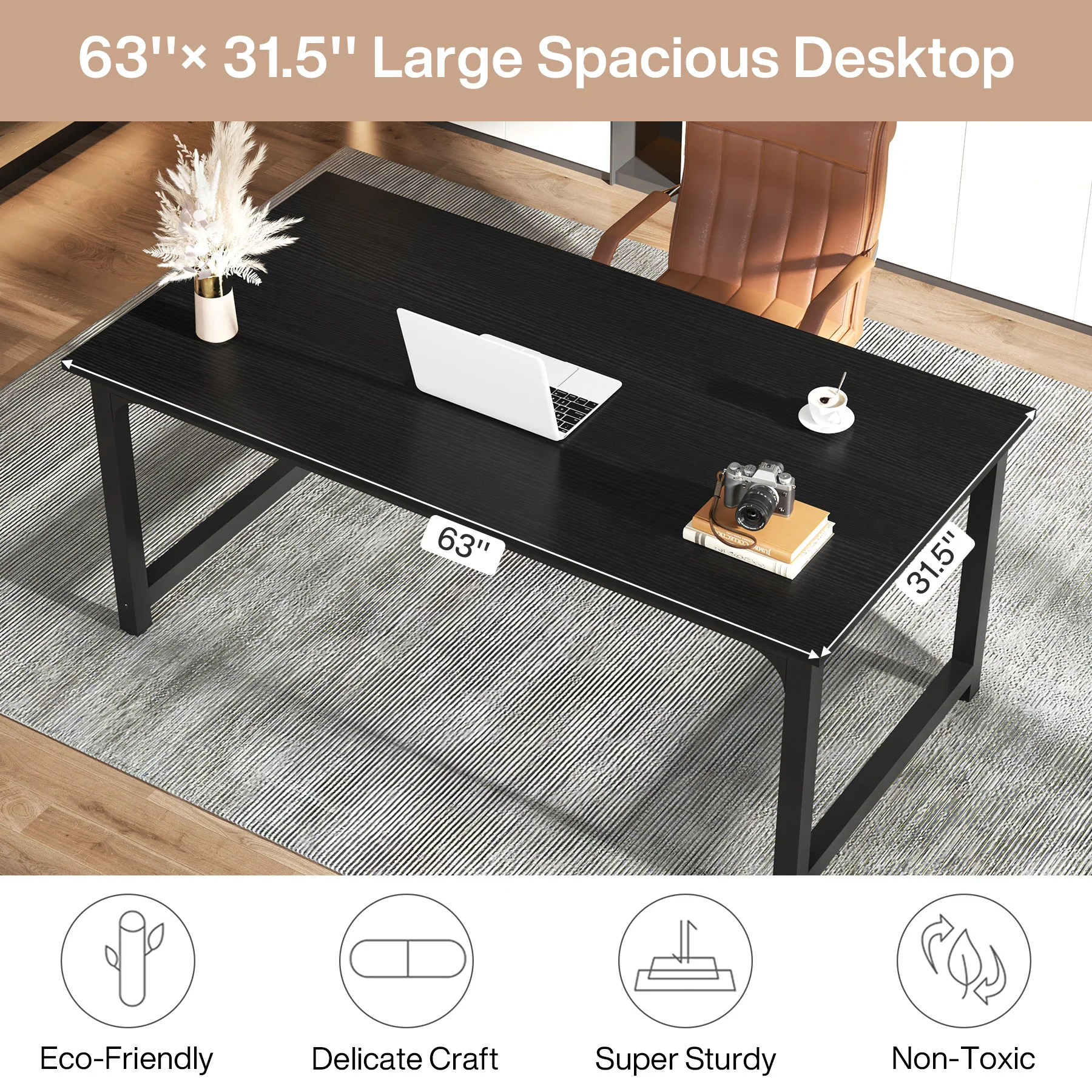 63 x 31.5 Inch Modern Large Desk, Office Writing Workstation in Rustic and Black - Image 14