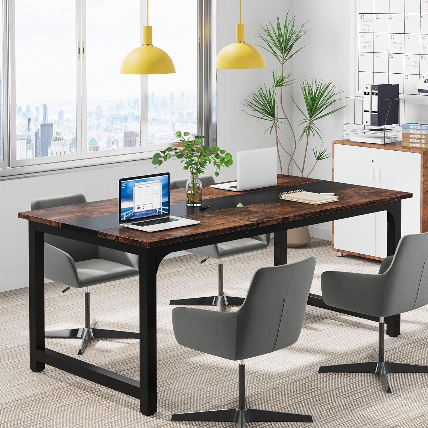 63 x 31.5 Inch Modern Large Desk, Office Writing Workstation in Rustic and Black - Image 3
