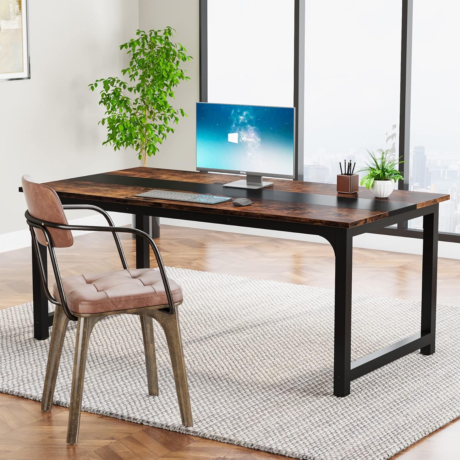 63 x 31.5 Inch Modern Large Desk, Office Writing Workstation in Rustic and Black - Image 6