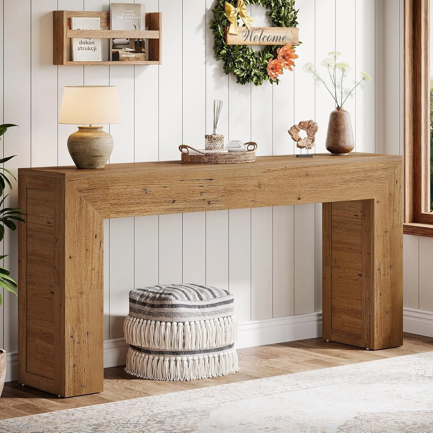 62-Inch Extra Long Farmhouse Console Table, Light Brown Narrow Sofa Table for Entryway & Living Room - Image 3