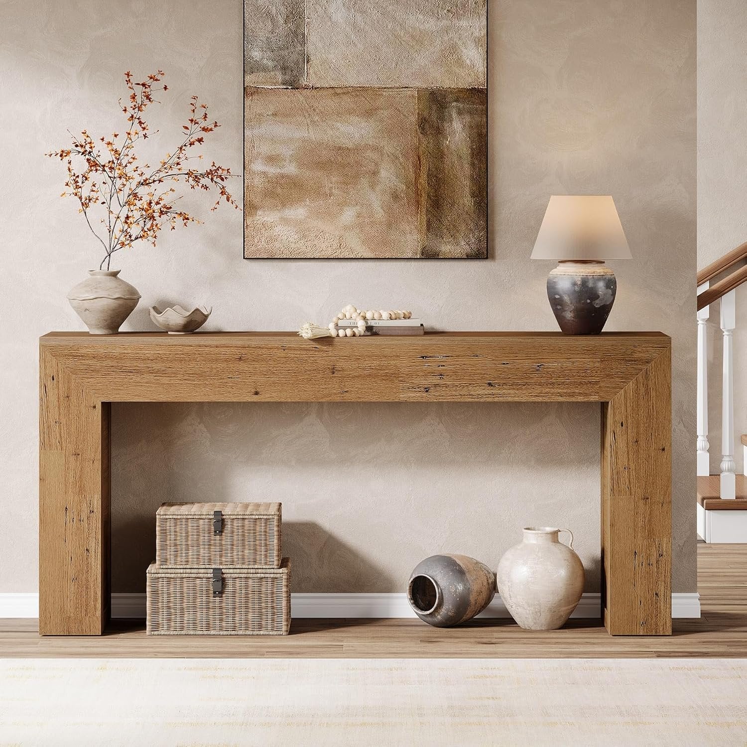 62-Inch Extra Long Farmhouse Console Table, Light Brown Narrow Sofa Table for Entryway & Living Room - Image 4