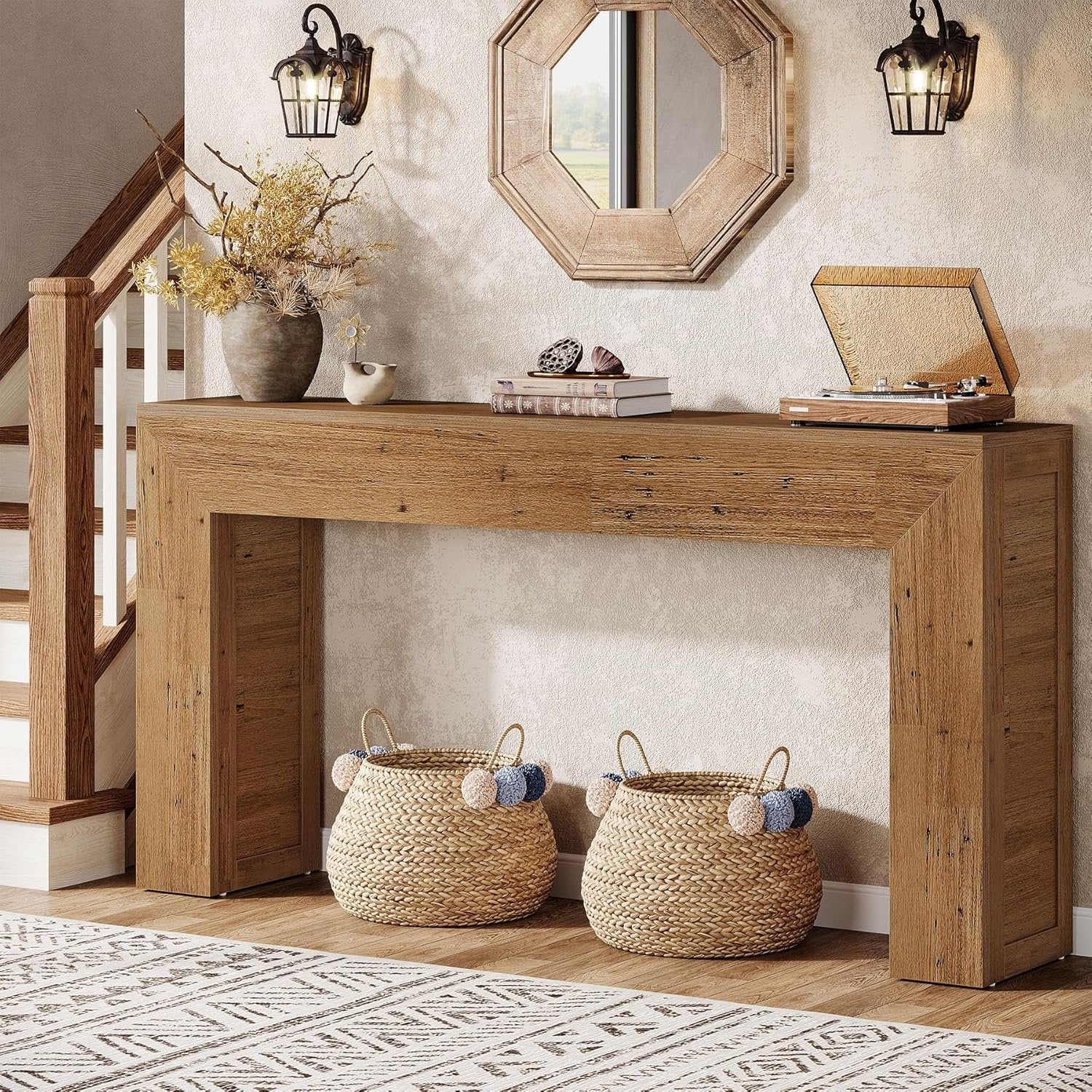 62-Inch Extra Long Farmhouse Console Table, Light Brown Narrow Sofa Table for Entryway & Living Room - Image 5