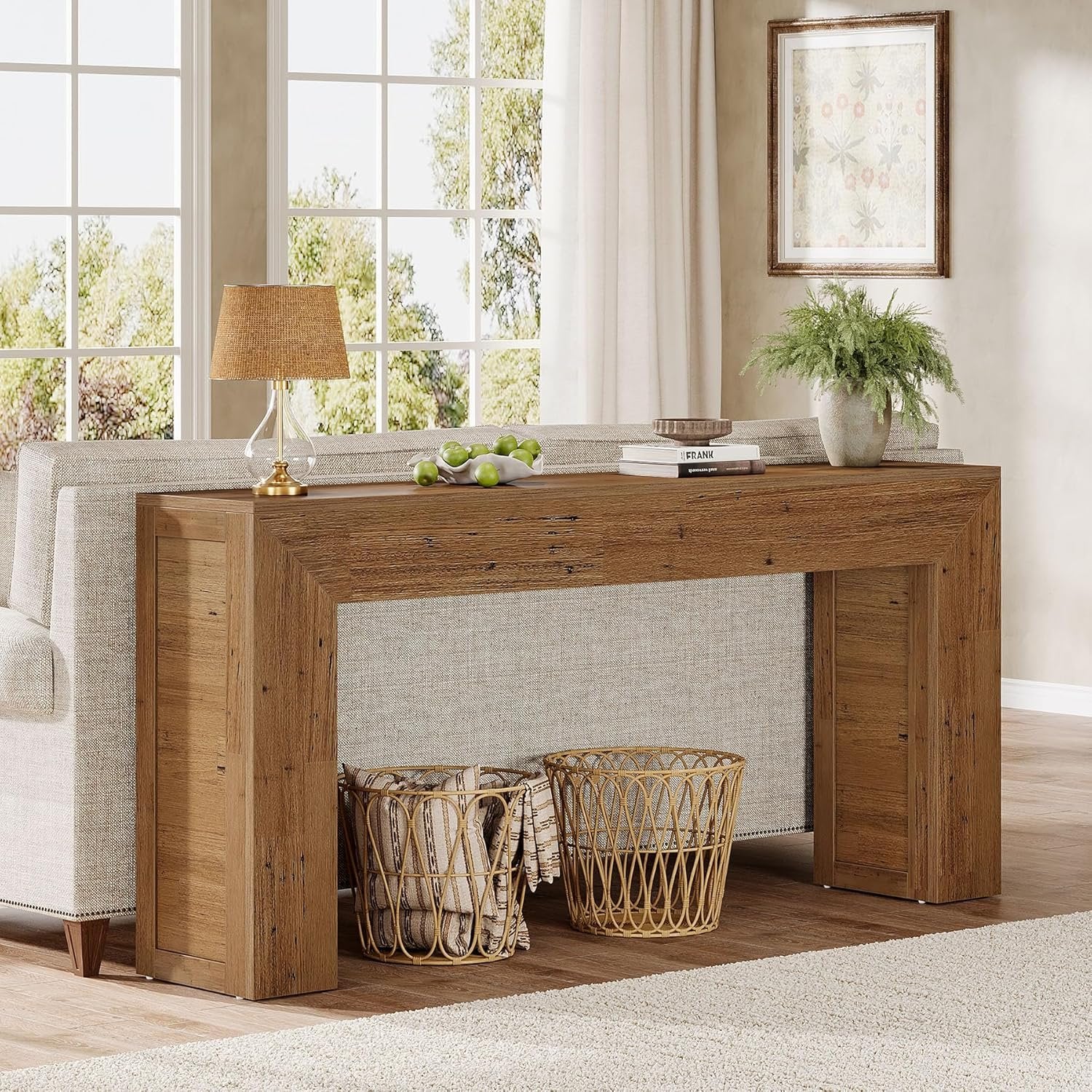 62-Inch Extra Long Farmhouse Console Table, Light Brown Narrow Sofa Table for Entryway & Living Room - Image 7