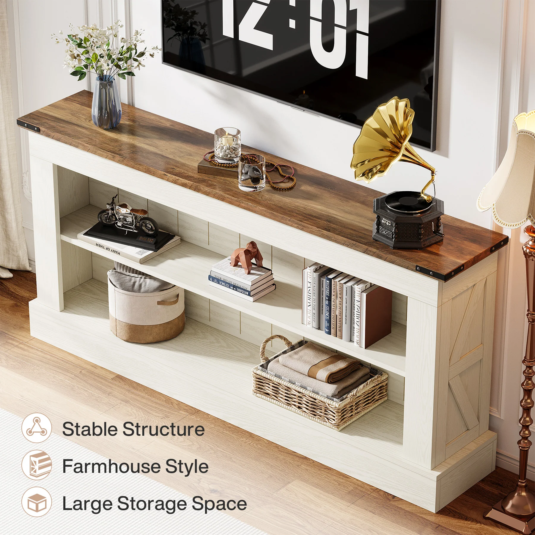 Tribesigns 63-Inch Modern Farmhouse TV Stand with Storage, White Media Console for Living Room - Image 4