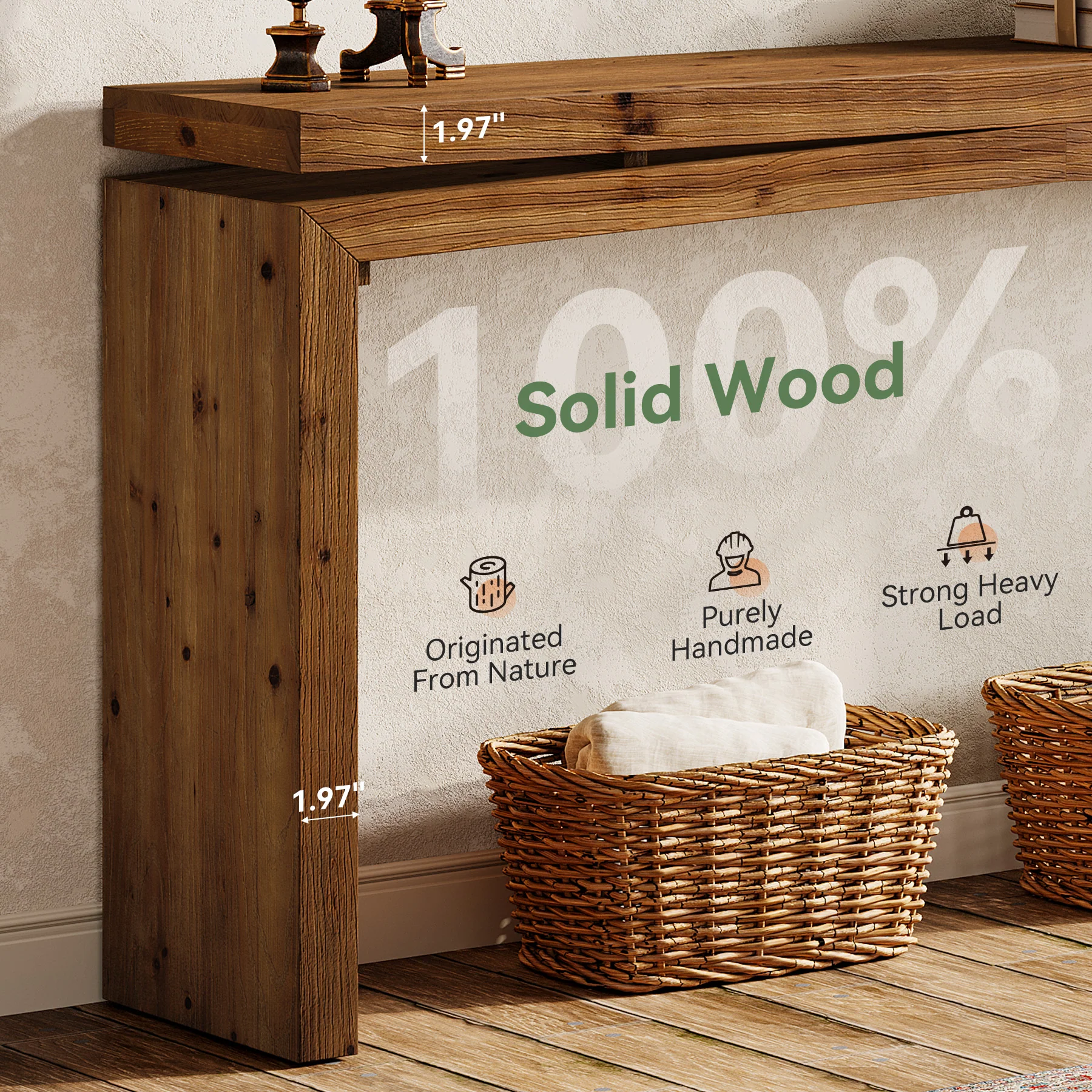 63-Inch Solid Wood Farmhouse Console Table, Long Sofa Table for Entryway - Image 3