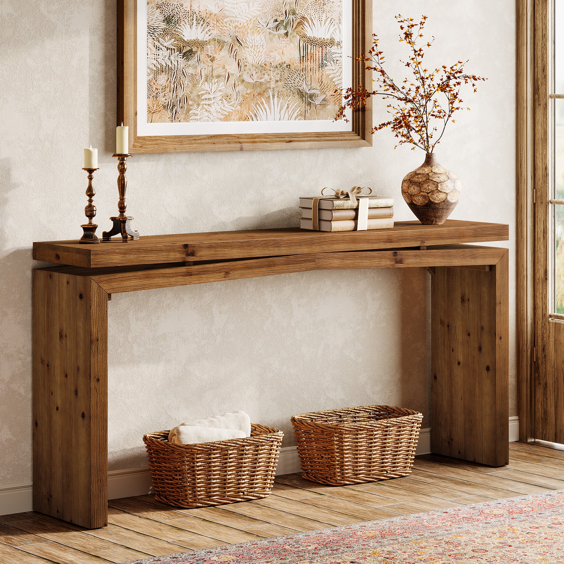 63-Inch Solid Wood Farmhouse Console Table, Long Sofa Table for Entryway - Image 8