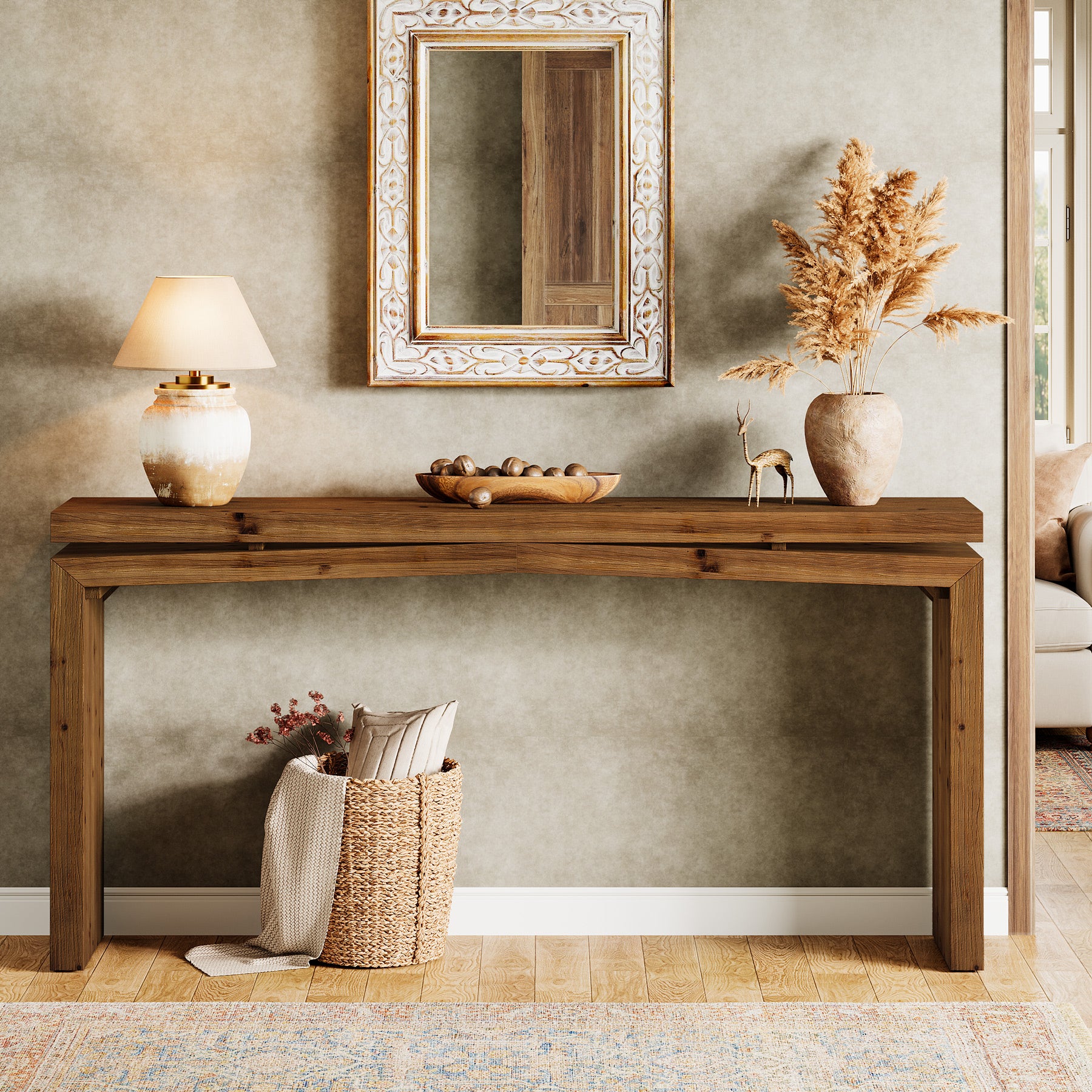 63-Inch Solid Wood Farmhouse Console Table, Long Sofa Table for Entryway - Image 9