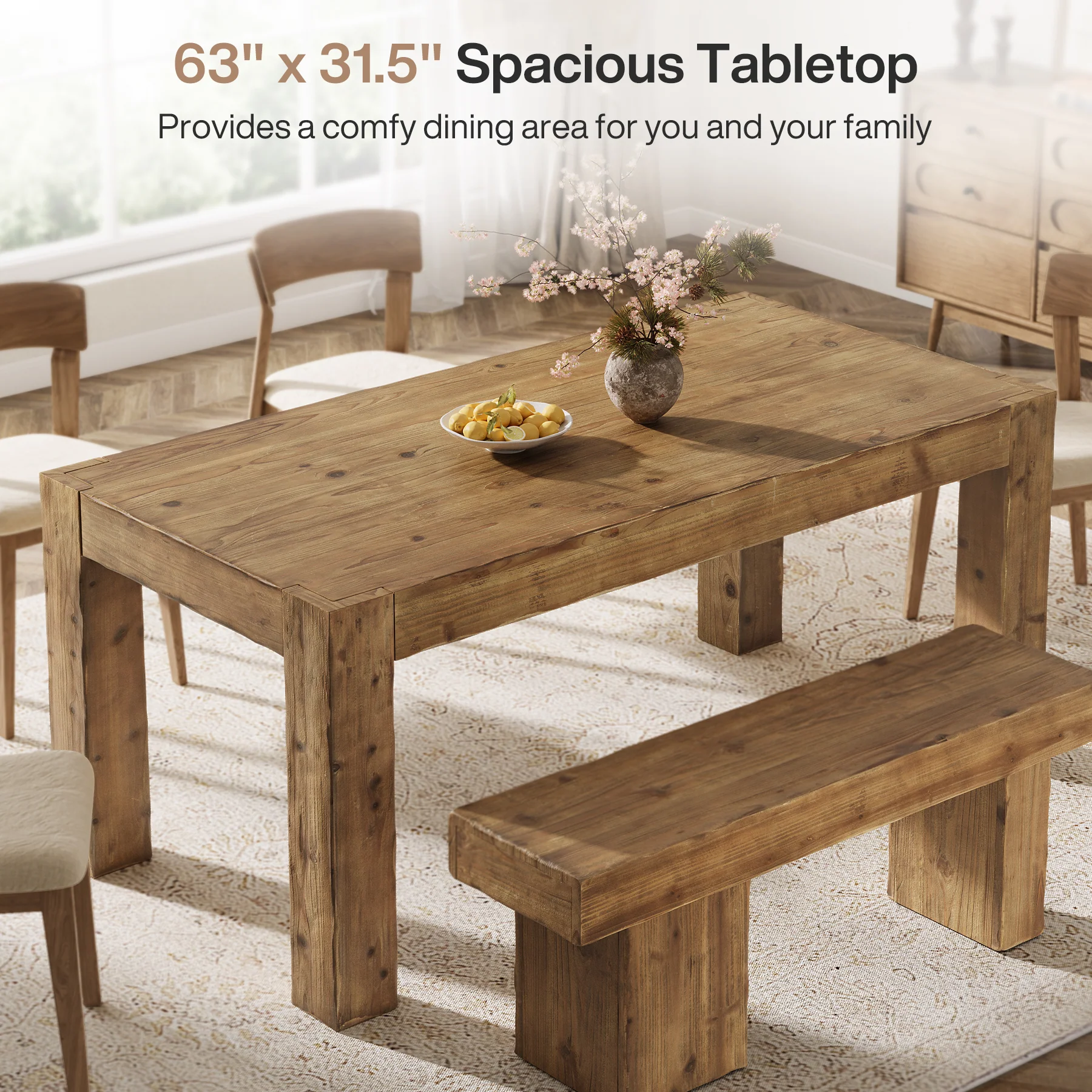 Tribesigns 63" Solid Wood Dining Table, Farmhouse Table for Dining Room (Only Table) - Image 4