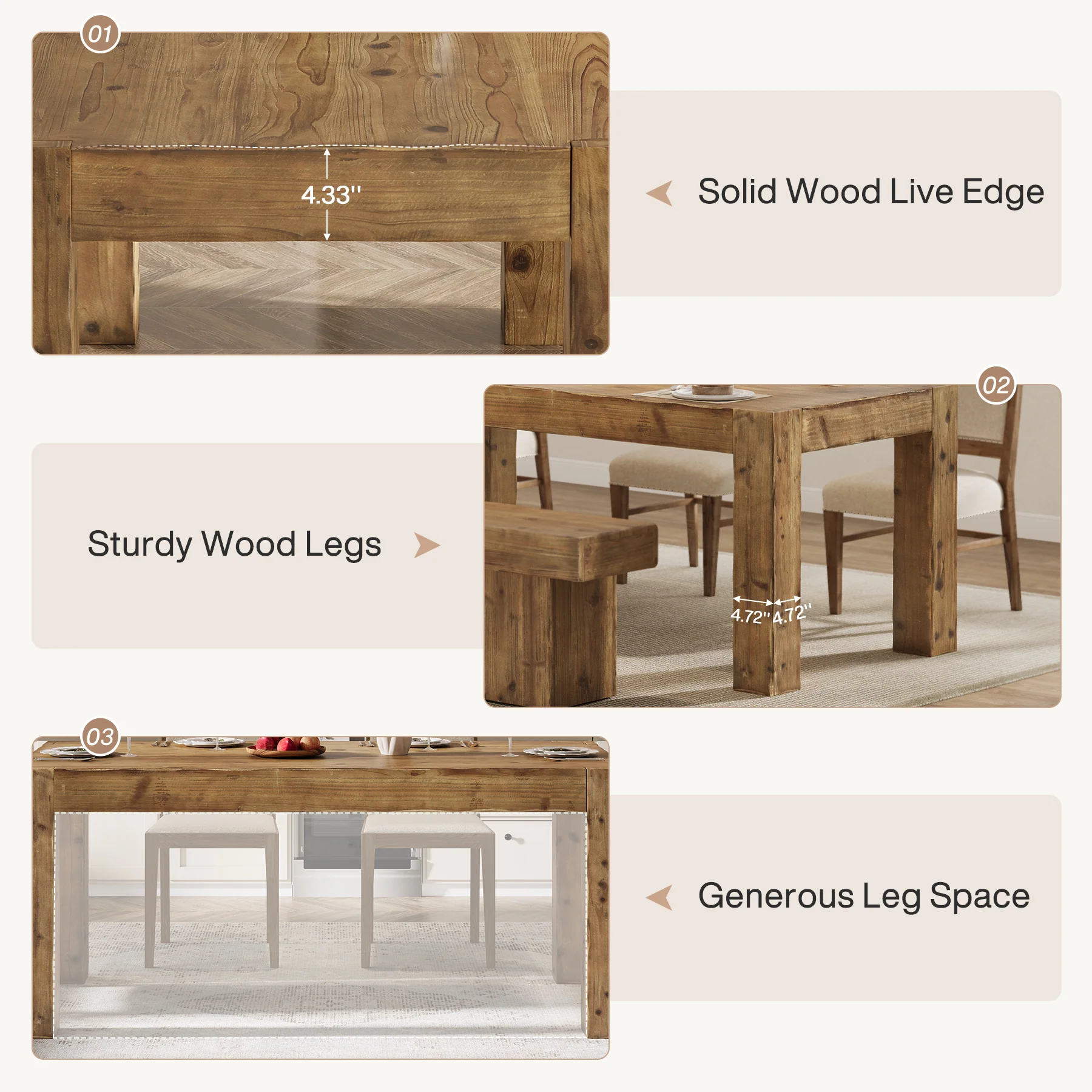 Tribesigns 63" Solid Wood Dining Table, Farmhouse Table for Dining Room (Only Table) - Image 5