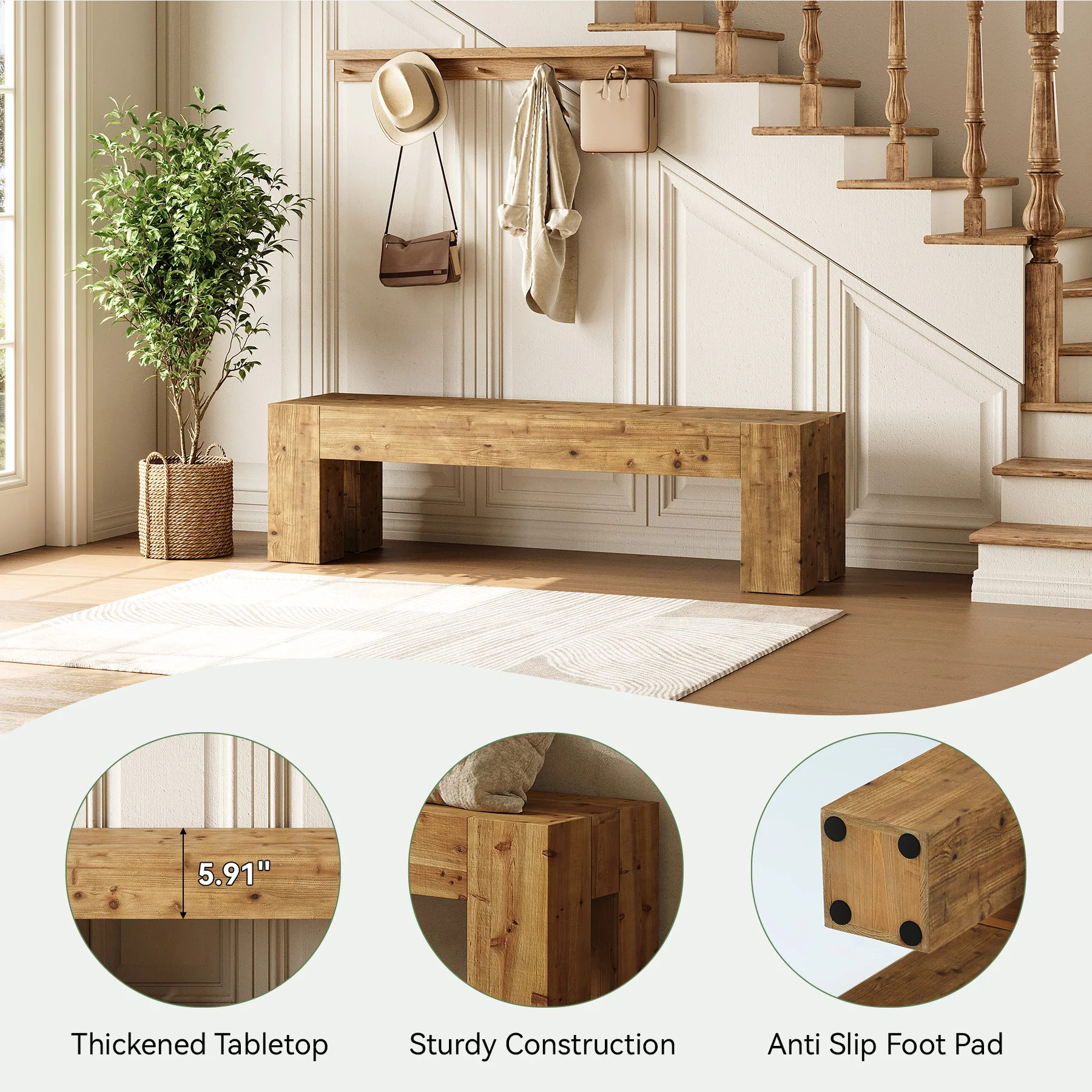Tribesigns 63-Inch Solid Wood Entryway Bench with Sturdy Frame, Rustic Farmhouse Long Bench for Hallway Living Room and Bedroom - Image 3
