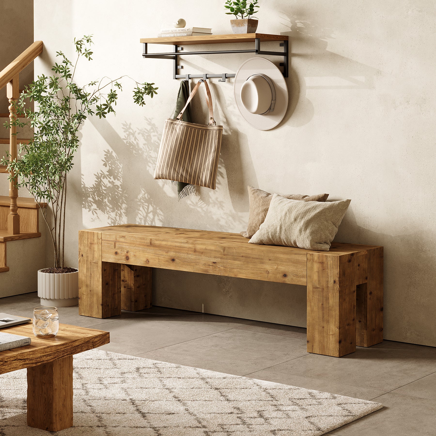 Tribesigns 63-Inch Solid Wood Entryway Bench with Sturdy Frame, Rustic Farmhouse Long Bench for Hallway Living Room and Bedroom - Image 5