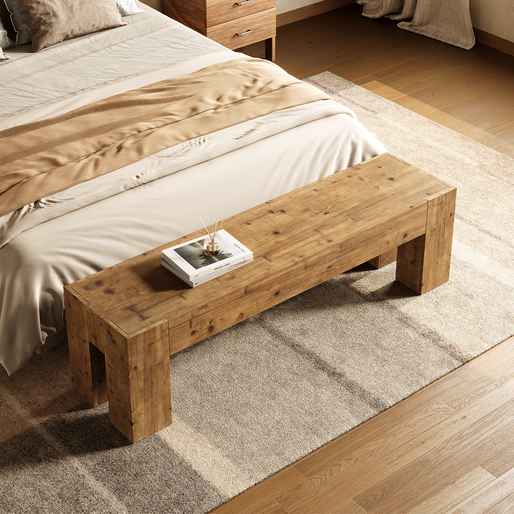 Tribesigns 63-Inch Solid Wood Entryway Bench with Sturdy Frame, Rustic Farmhouse Long Bench for Hallway Living Room and Bedroom - Image 6