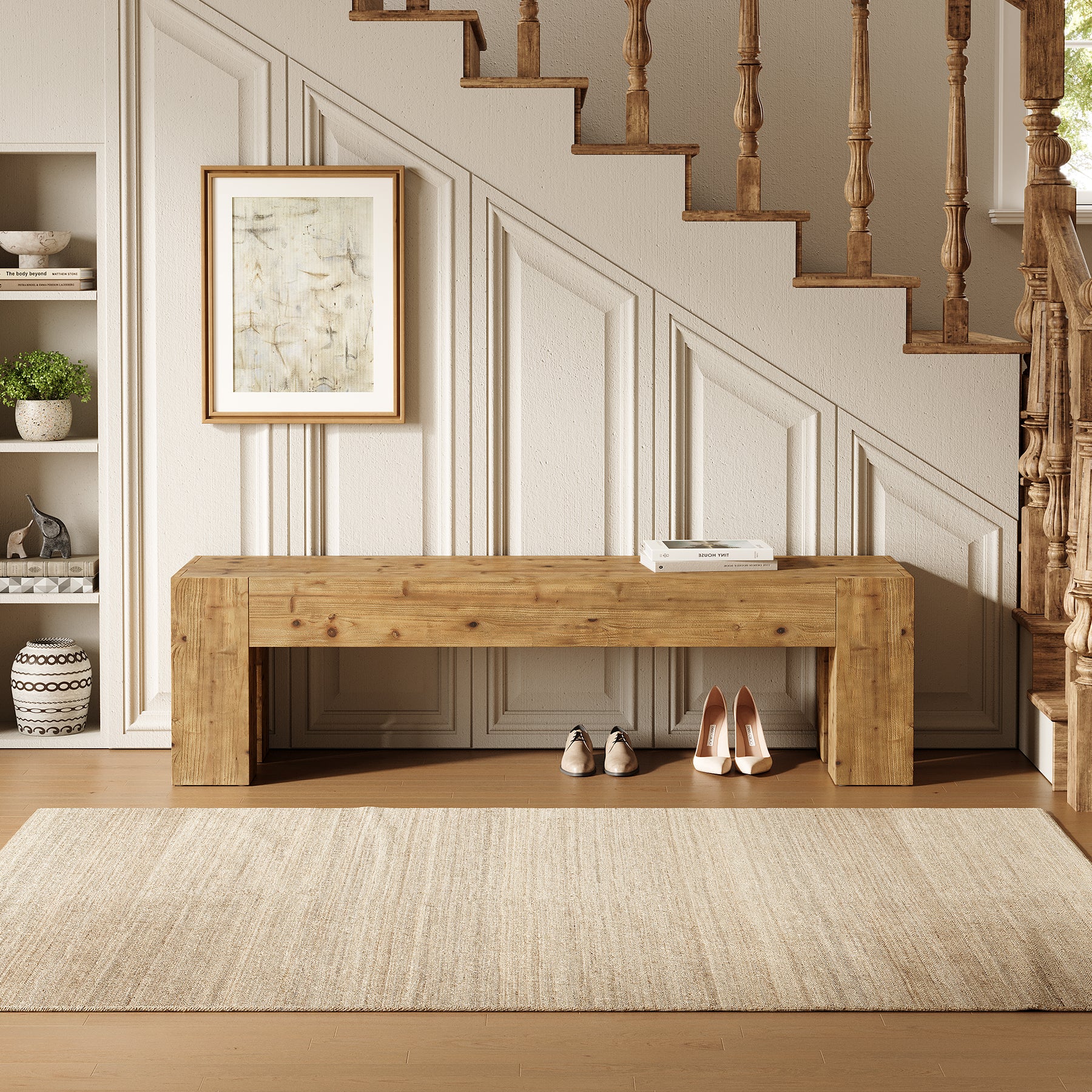 Tribesigns 63-Inch Solid Wood Entryway Bench with Sturdy Frame, Rustic Farmhouse Long Bench for Hallway Living Room and Bedroom - Image 7
