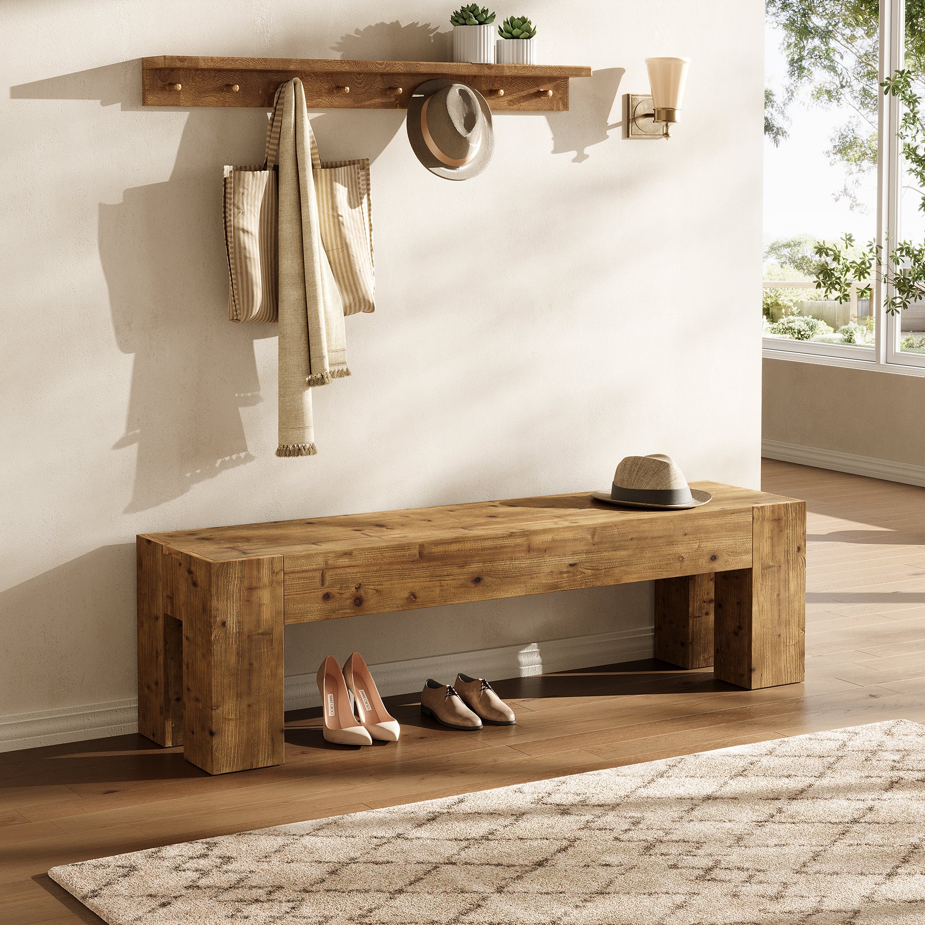 Tribesigns 63-Inch Solid Wood Entryway Bench with Sturdy Frame, Rustic Farmhouse Long Bench for Hallway Living Room and Bedroom - Image 8