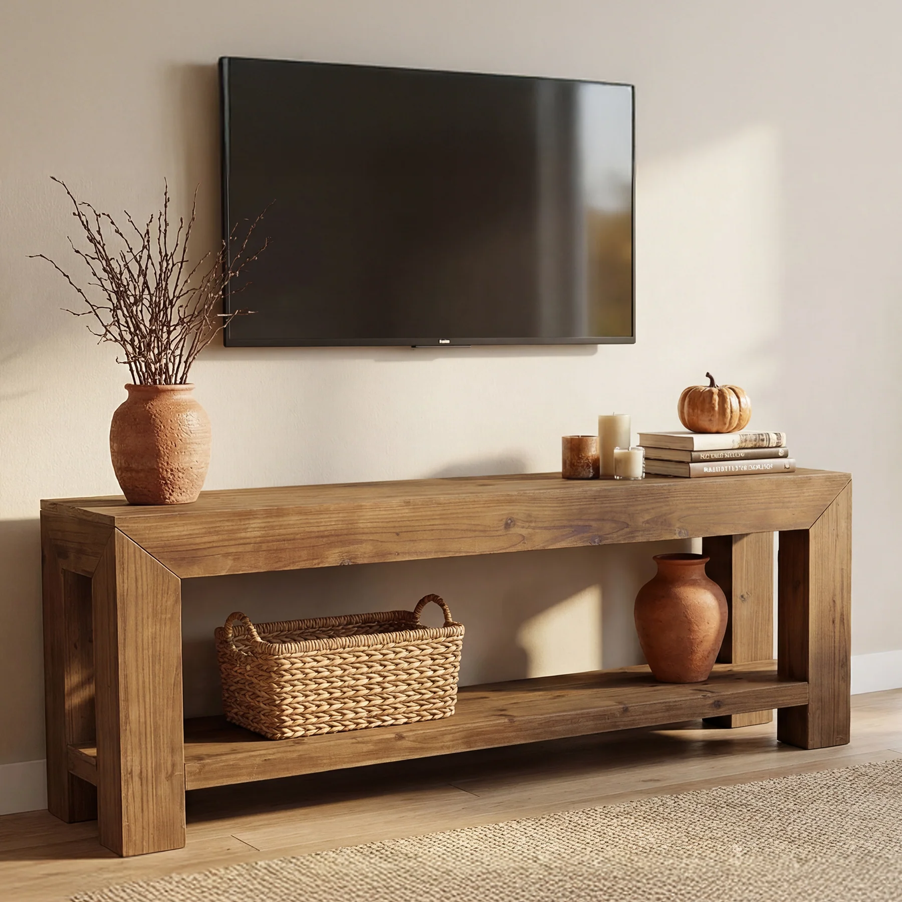 Tribesigns 63-Inch Solid Wood TV Stand for TVs up to 75 Inches with 2-Tier Open Storage Shelves - Image 10