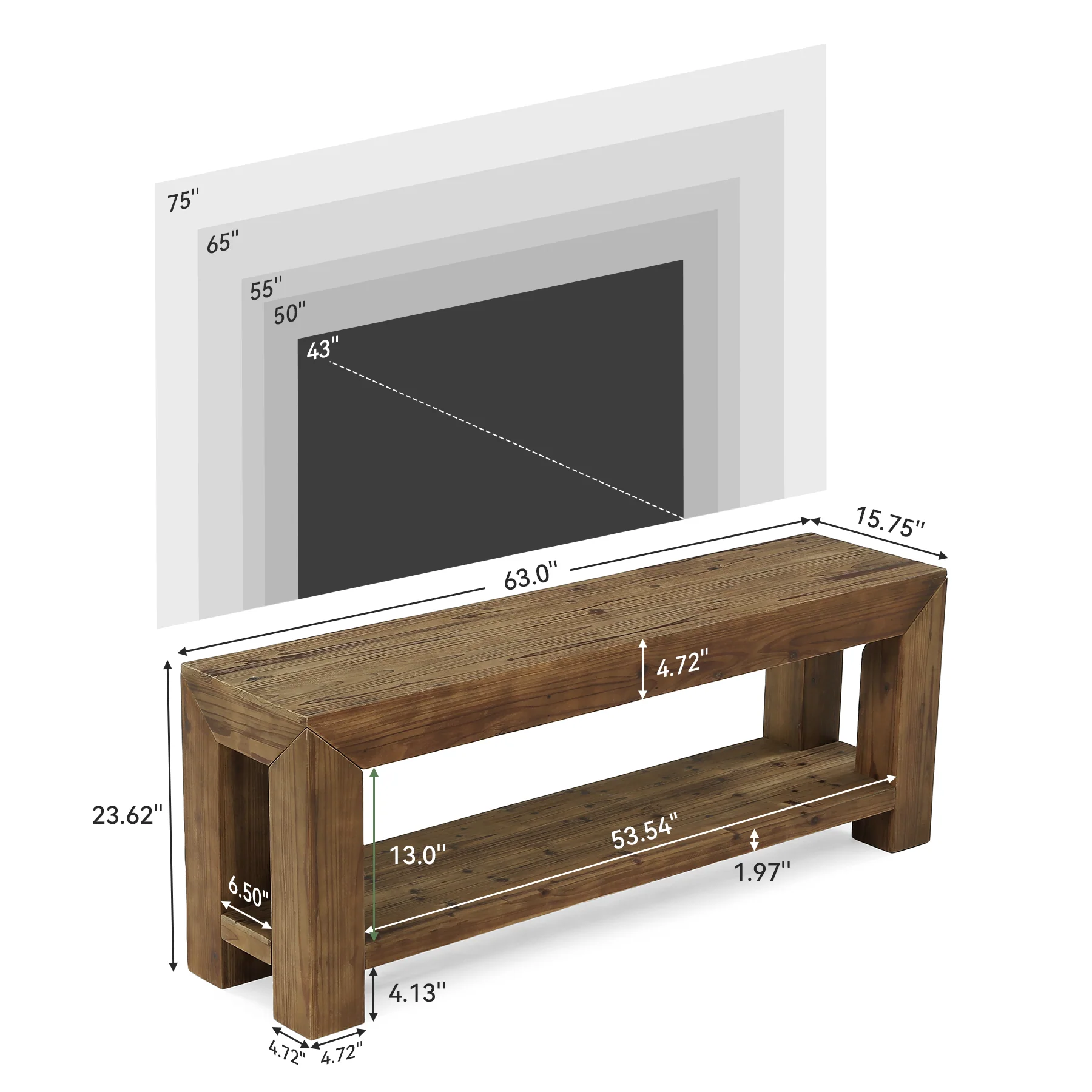 Tribesigns 63-Inch Solid Wood TV Stand for TVs up to 75 Inches with 2-Tier Open Storage Shelves - Image 2