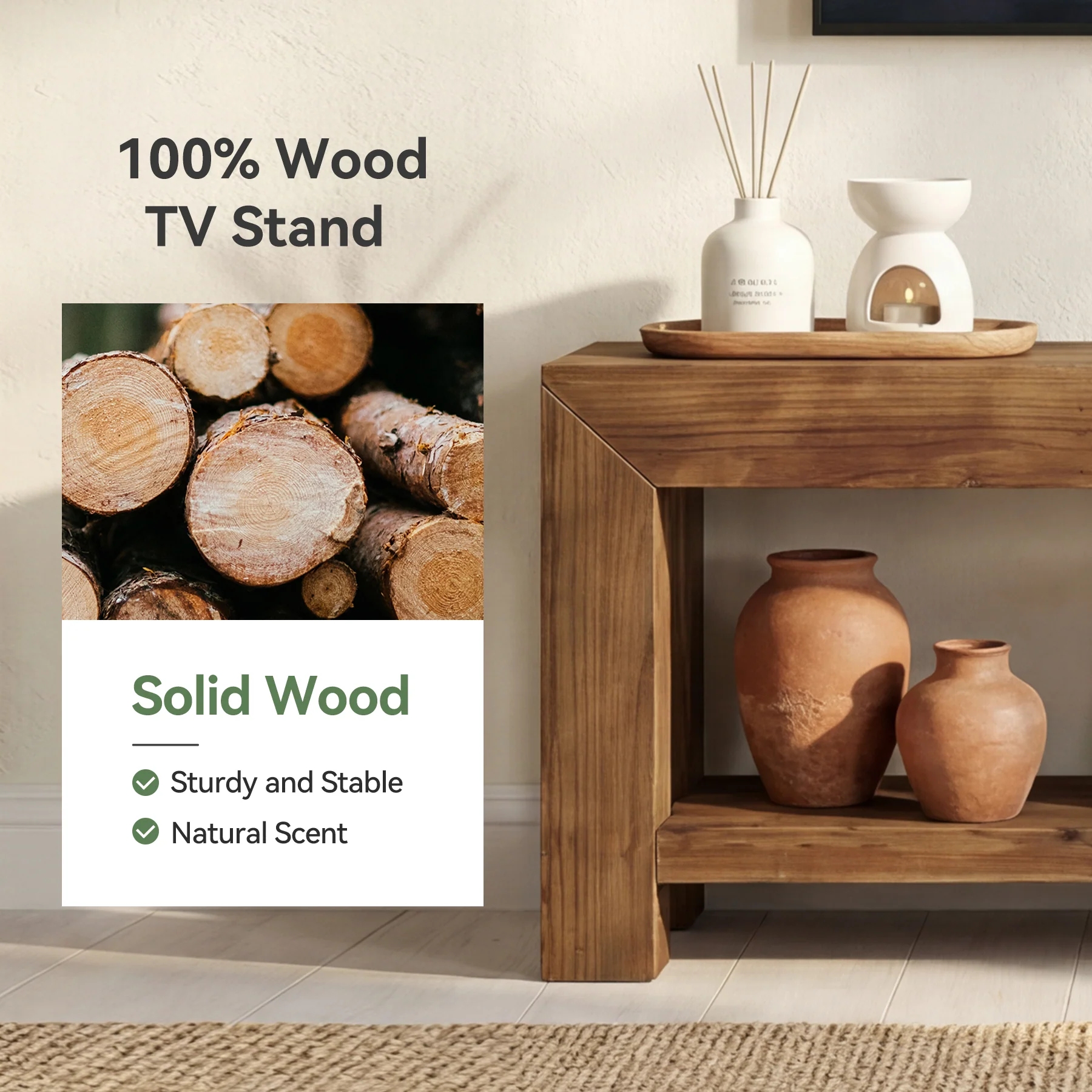 Tribesigns 63-Inch Solid Wood TV Stand for TVs up to 75 Inches with 2-Tier Open Storage Shelves - Image 3