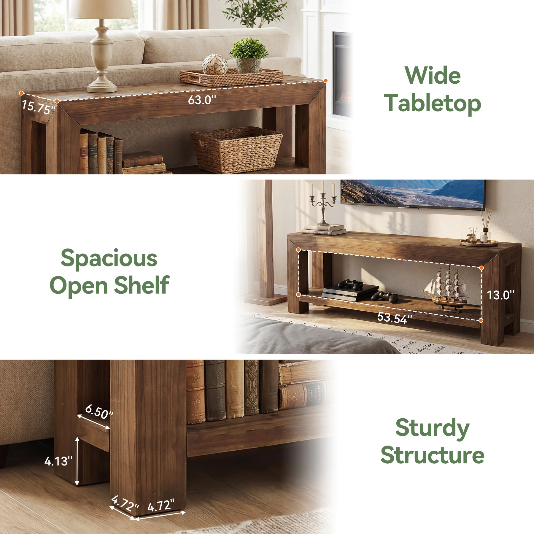 Tribesigns 63-Inch Solid Wood TV Stand for TVs up to 75 Inches with 2-Tier Open Storage Shelves - Image 4