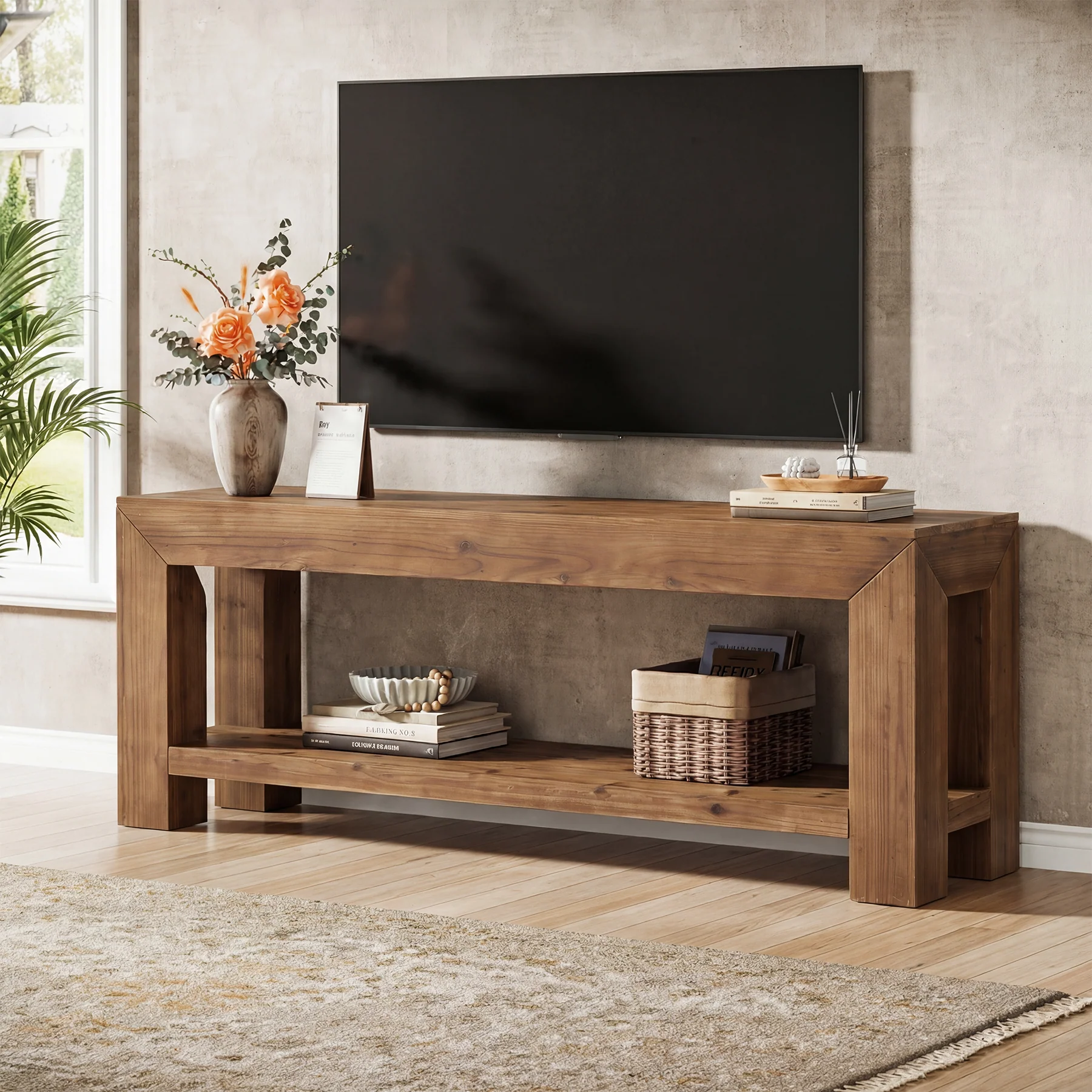 Tribesigns 63-Inch Solid Wood TV Stand for TVs up to 75 Inches with 2-Tier Open Storage Shelves - Image 5