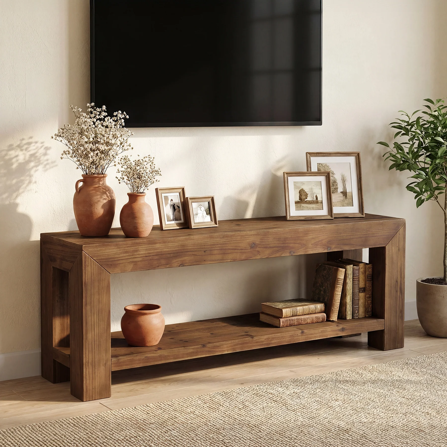 Tribesigns 63-Inch Solid Wood TV Stand for TVs up to 75 Inches with 2-Tier Open Storage Shelves - Image 6