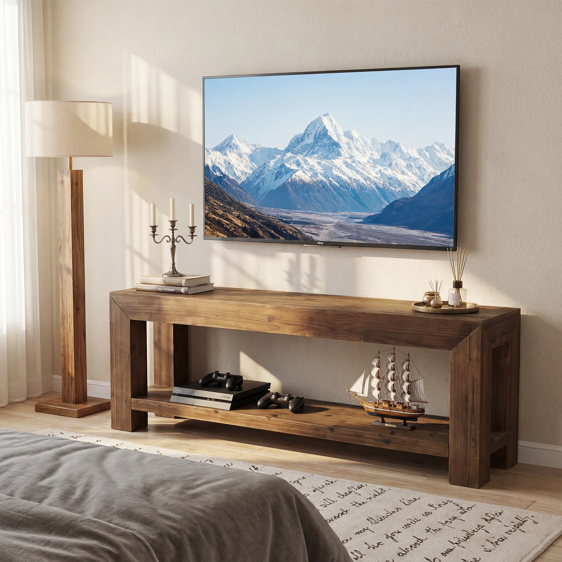 Tribesigns 63-Inch Solid Wood TV Stand for TVs up to 75 Inches with 2-Tier Open Storage Shelves - Image 7